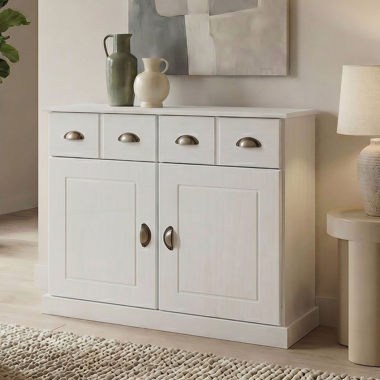 IDIMEX Kommode PARIS, Sideboard mit Schubladen & Muschelgriffen Kiefer Massivholz weiß