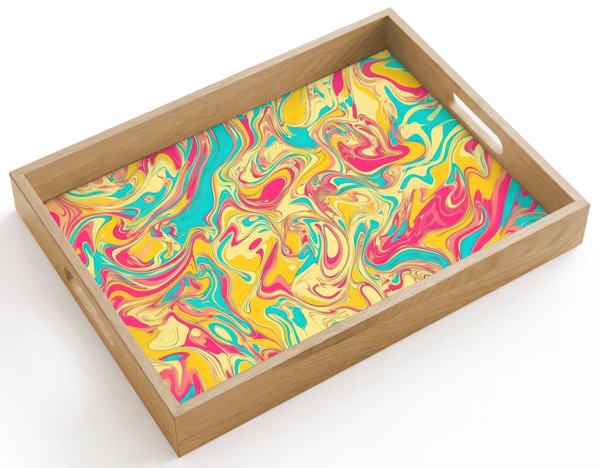OnlyWow Tablett Rechteckig mit Henkel Gelb - Rosa - Blau - Retro, Eichenholz, (1-tlg), Siervierplatte, Tray, Frühstücksbrett