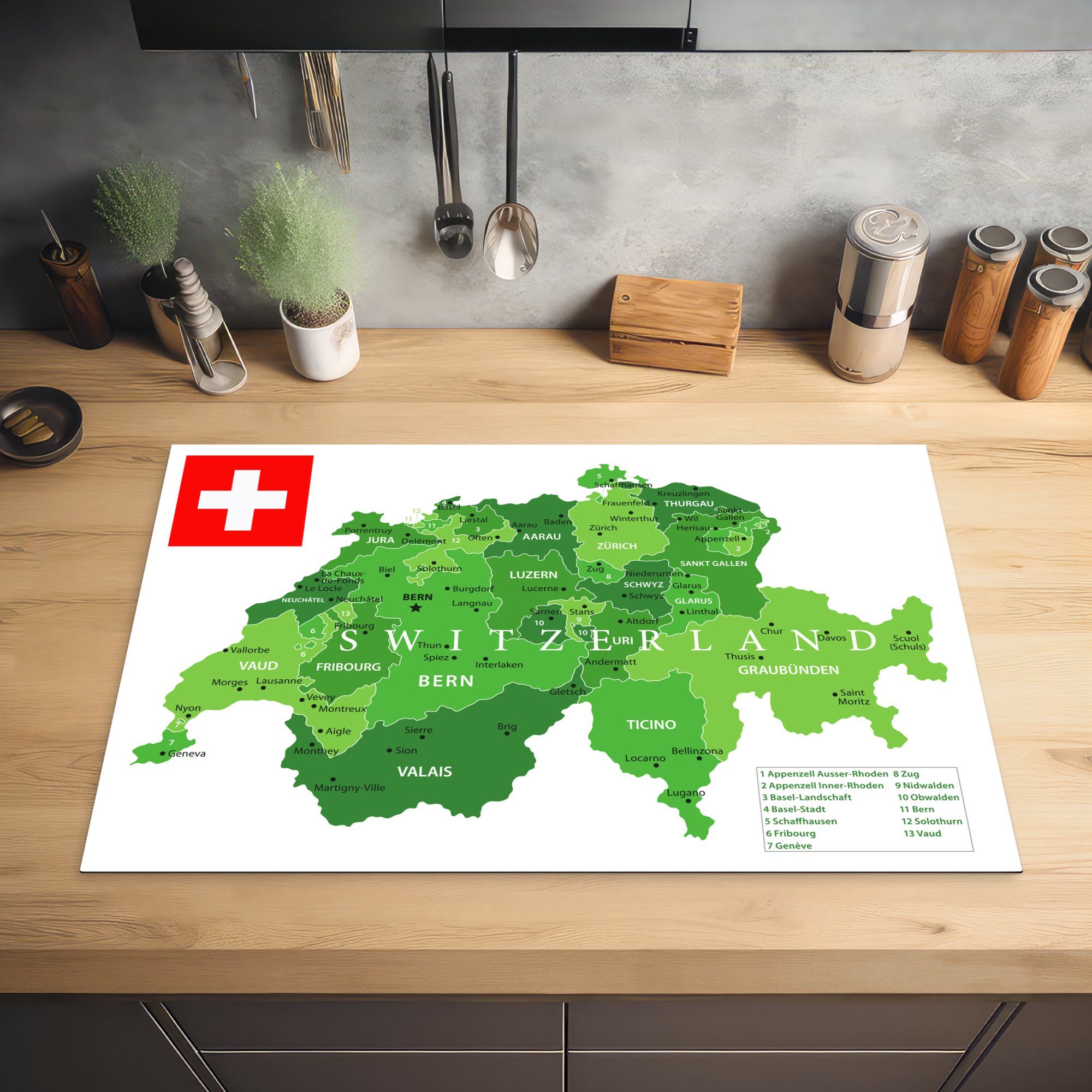 MuchoWow Herdblende-/Abdeckplatte Grüne Karte der tlg), für Schutz 81x52 Induktionskochfeld küche, Ceranfeldabdeckung (1 die Schweiz, Vinyl, cm
