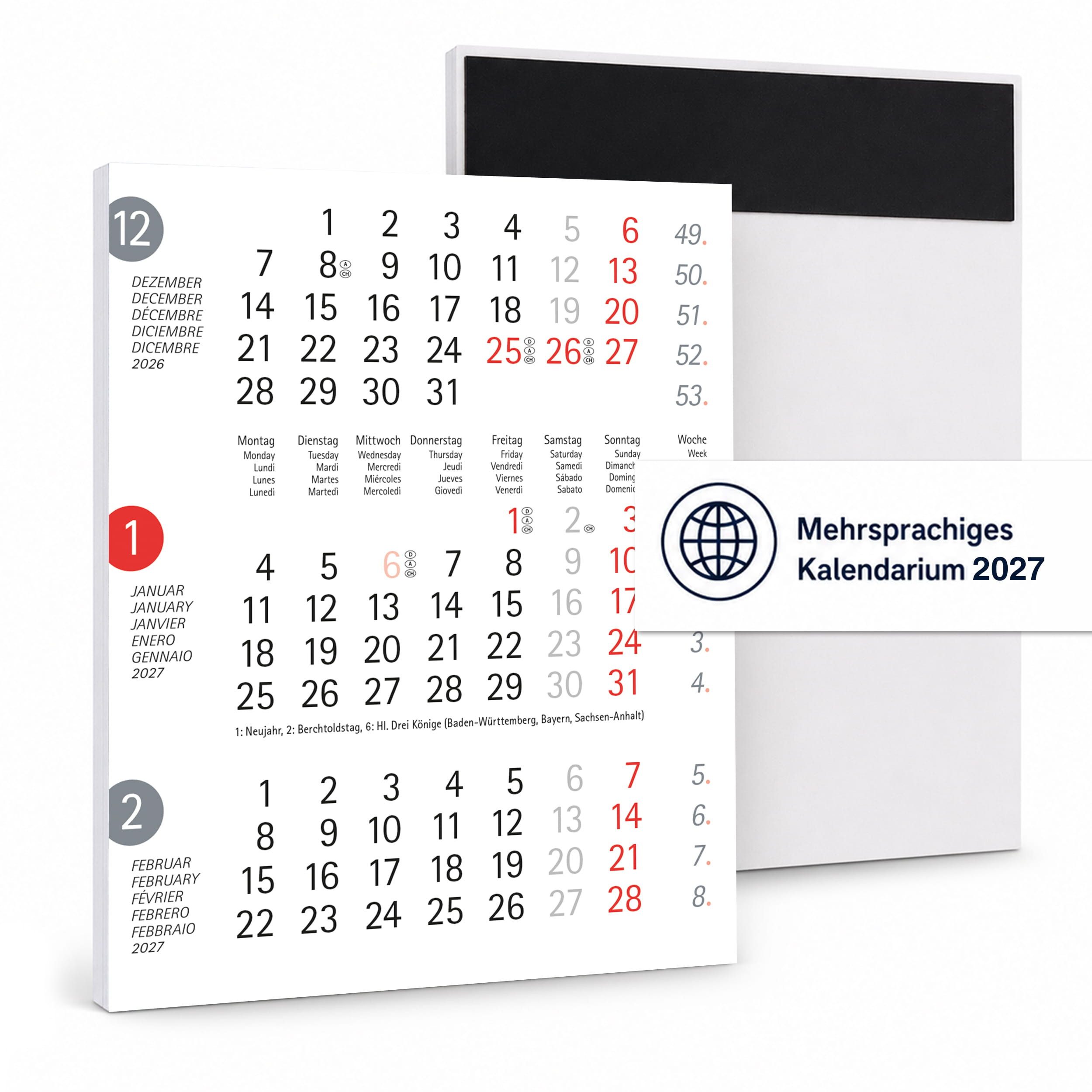 TOBJA Tischkalender Ersatz-Kalendarium 2027 magnetisch für Tischkalender (Dots), Ersatzblock, ohne Aufsteller, 3 Monate, magnetisch, Feiertage