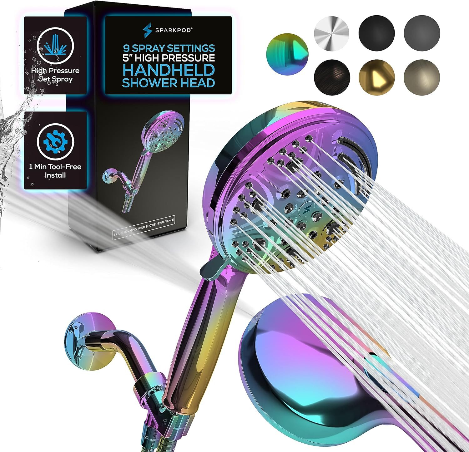 sparkpod Duschbrause Handbrause Duschkopf 9 Modi, flexibel. mit Schlauch, ( günstig online kaufen