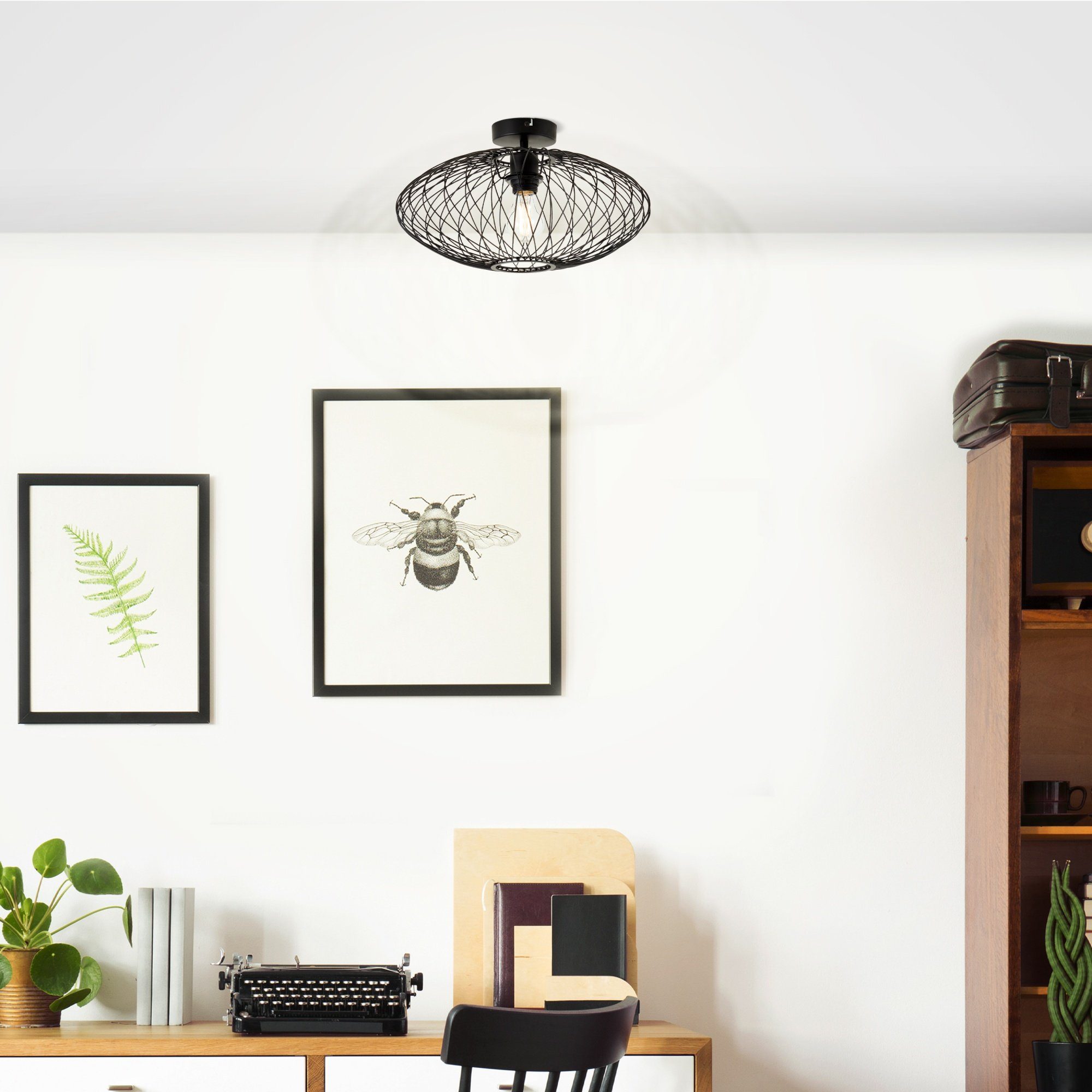 Lightbox Metall, schwarz Ø E27, Deckenleuchte, Draht-Schirm, dekorativer matt Leuchtmittel, 40cm, ohne