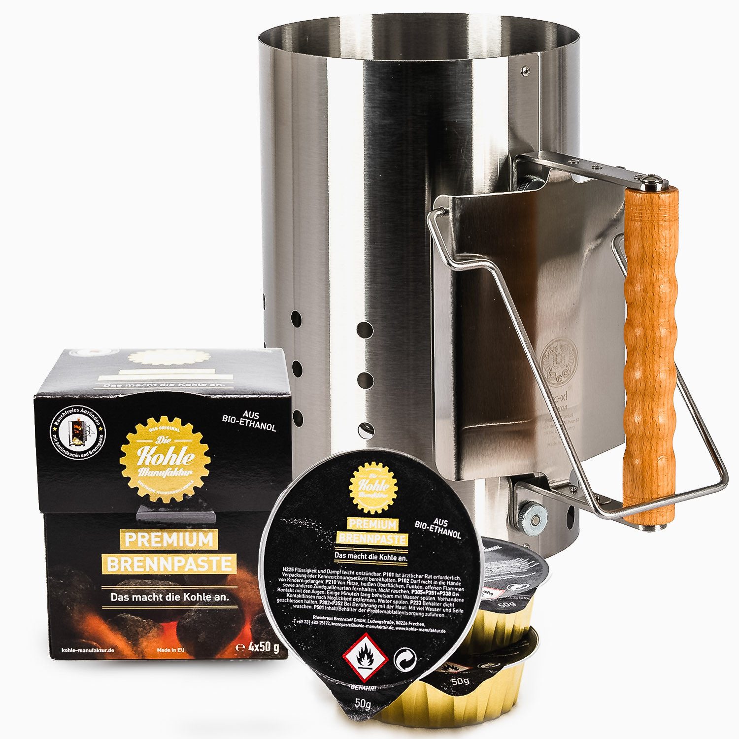 Petromax Anzündkamin XL Edelstahl Fassungsvermögen 6,5L + 4 x 50g Brennpaste (Spar-Set, 5-tlg), Anzündkamin aus Edelstahl