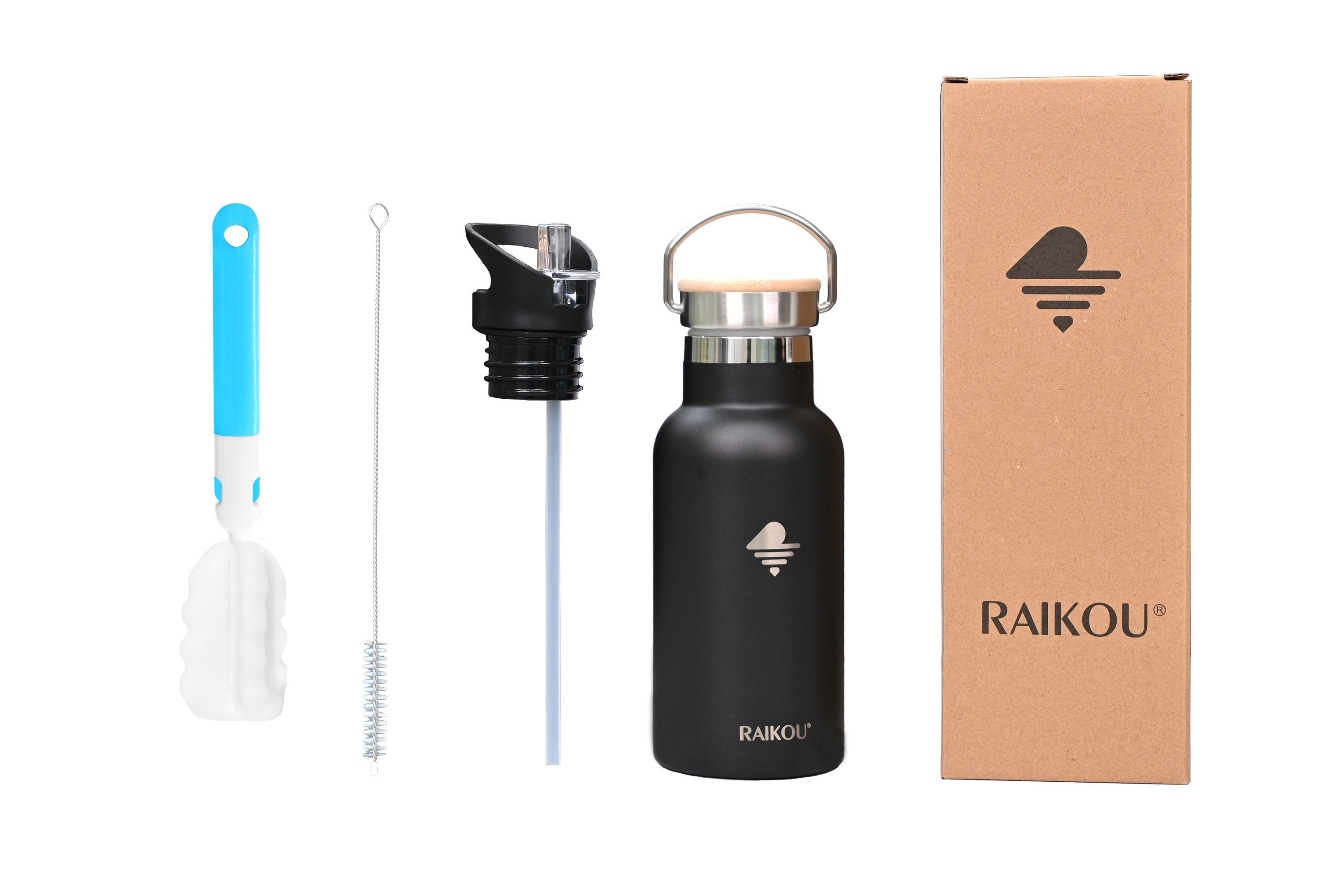 RAIKOU Isolierflasche Edelstahl Trinkflasche Vakuumisolierte Wasserflasche Thermoflasche, bis zu 12H heiß / 24H kalt,mit 2 Deckel,350ml/500ml/750ml/1000ml