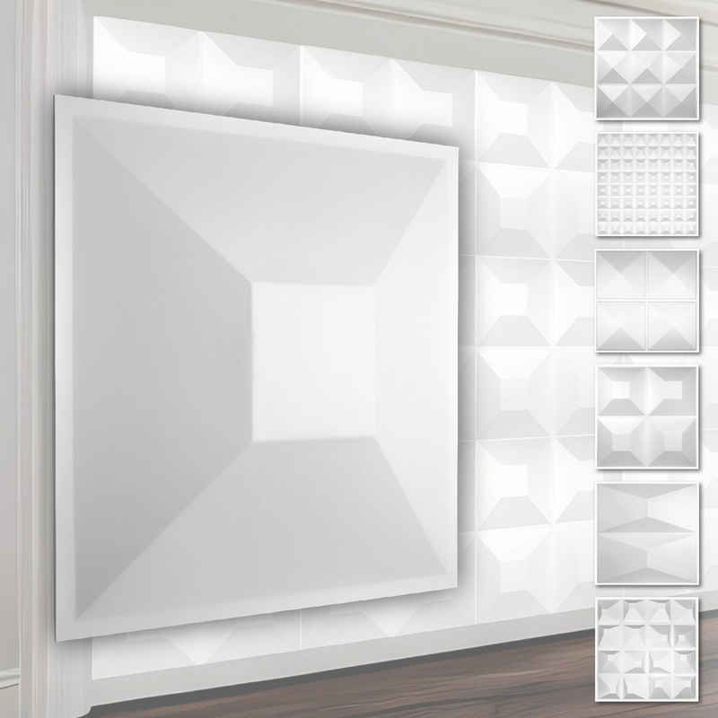 Hexim Wanddekoobjekt HD024 (PVC Kunststoff - weiße Wandverkleidung mit 3D Optik - Pyramiden Motive (3 qm 12 Platten) Wand Decke Gaming Paneele)