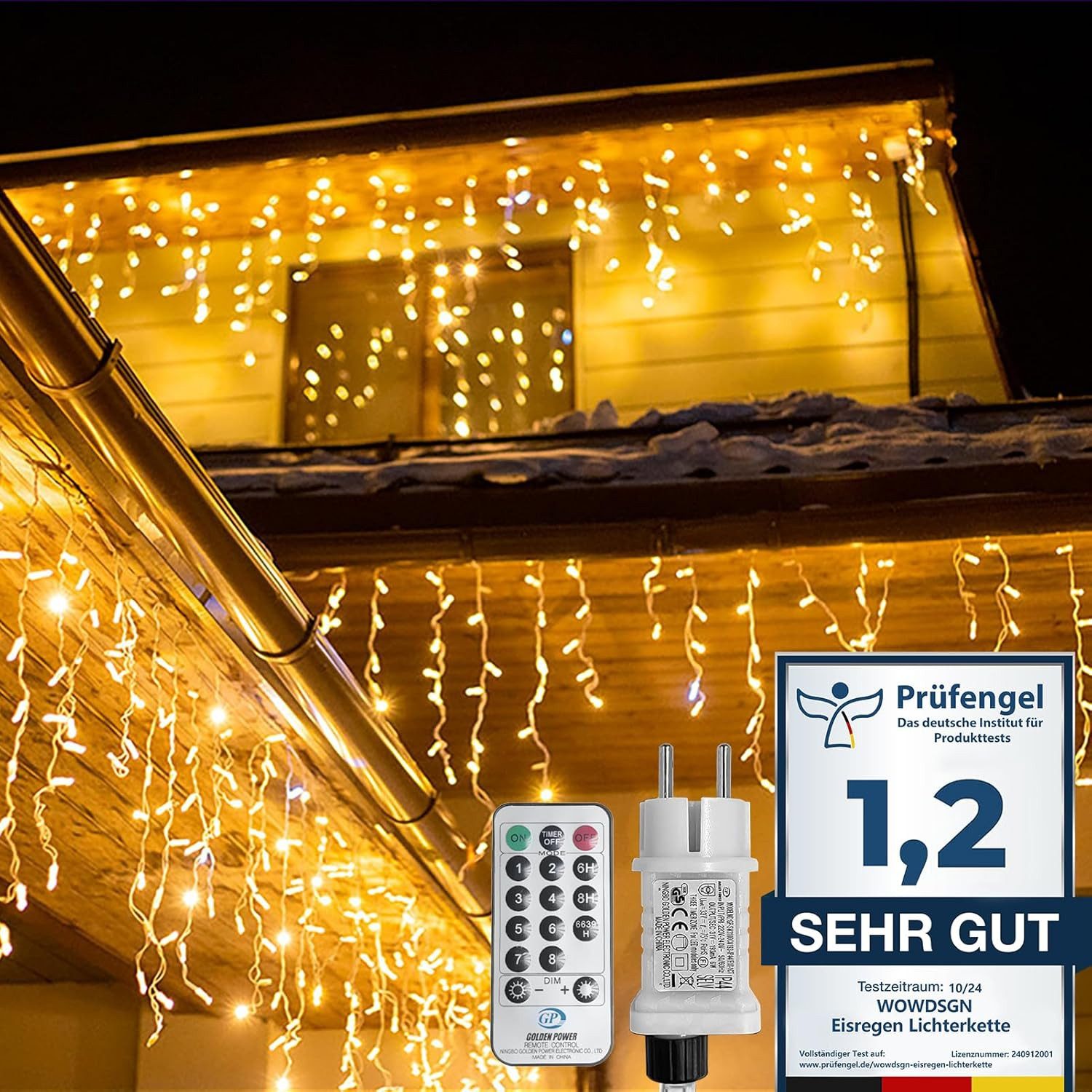 WOWDSGN LED Solarleuchte 15m 660 LED Dachrinnen Lichterkette Warmweiß, 8 Modi Fernbedienung, 5m Leitung, steckbar – für Außen & Dach