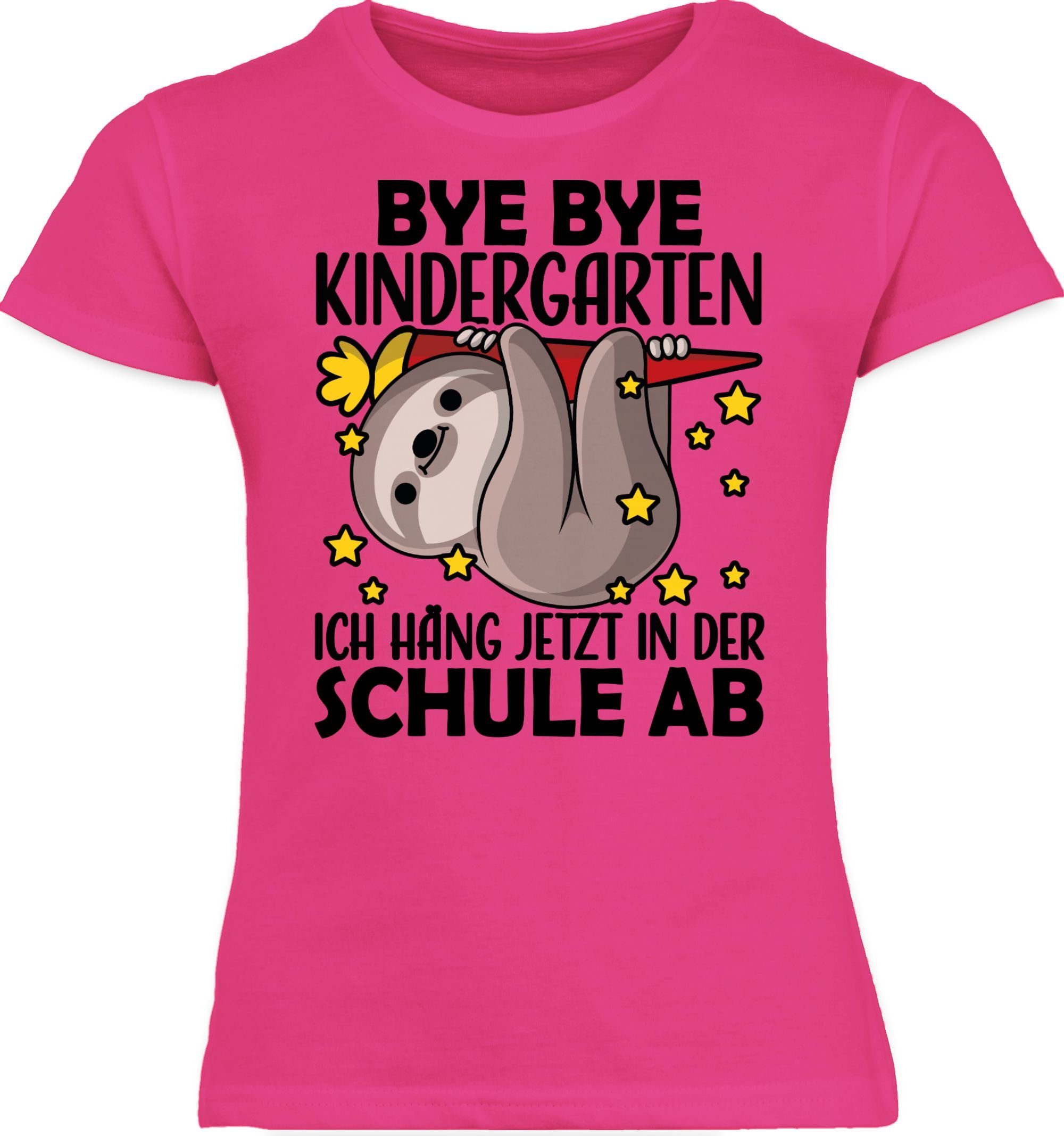 Mädchen 1 ich Einschulung Bye jetzt mit - in T-Shirt hänge Schule s Shirtracer der ab Bye Faultier Fuchsia Kindergarten