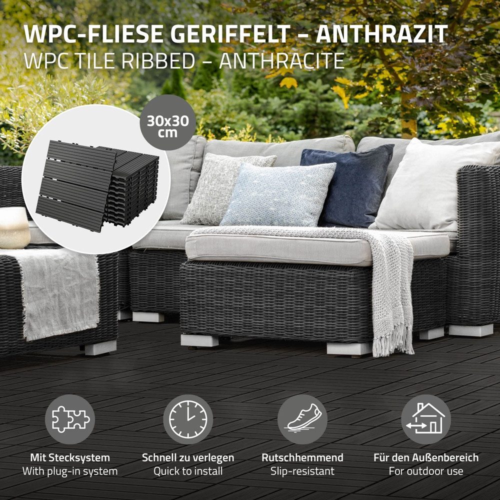 ECD Germany Terrassendielen WPC Bodenplatte Terrassenfliesen Fliesen mit Drainage und Klicksystem, BxL: je 30x30 cm, 22 mm Stärke, Bodenbelag 1m²/11 Stück Anthrazit rutschfest Balkonfliesen