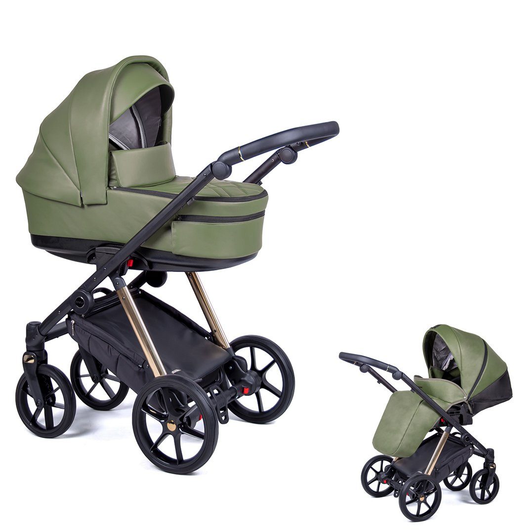 babies-on-wheels Kombi-Kinderwagen 2 in 1 Kinderwagen-Set Axxis Premium - 14 Teile - in 12 Designs Dunkelgrün = Gestell gold