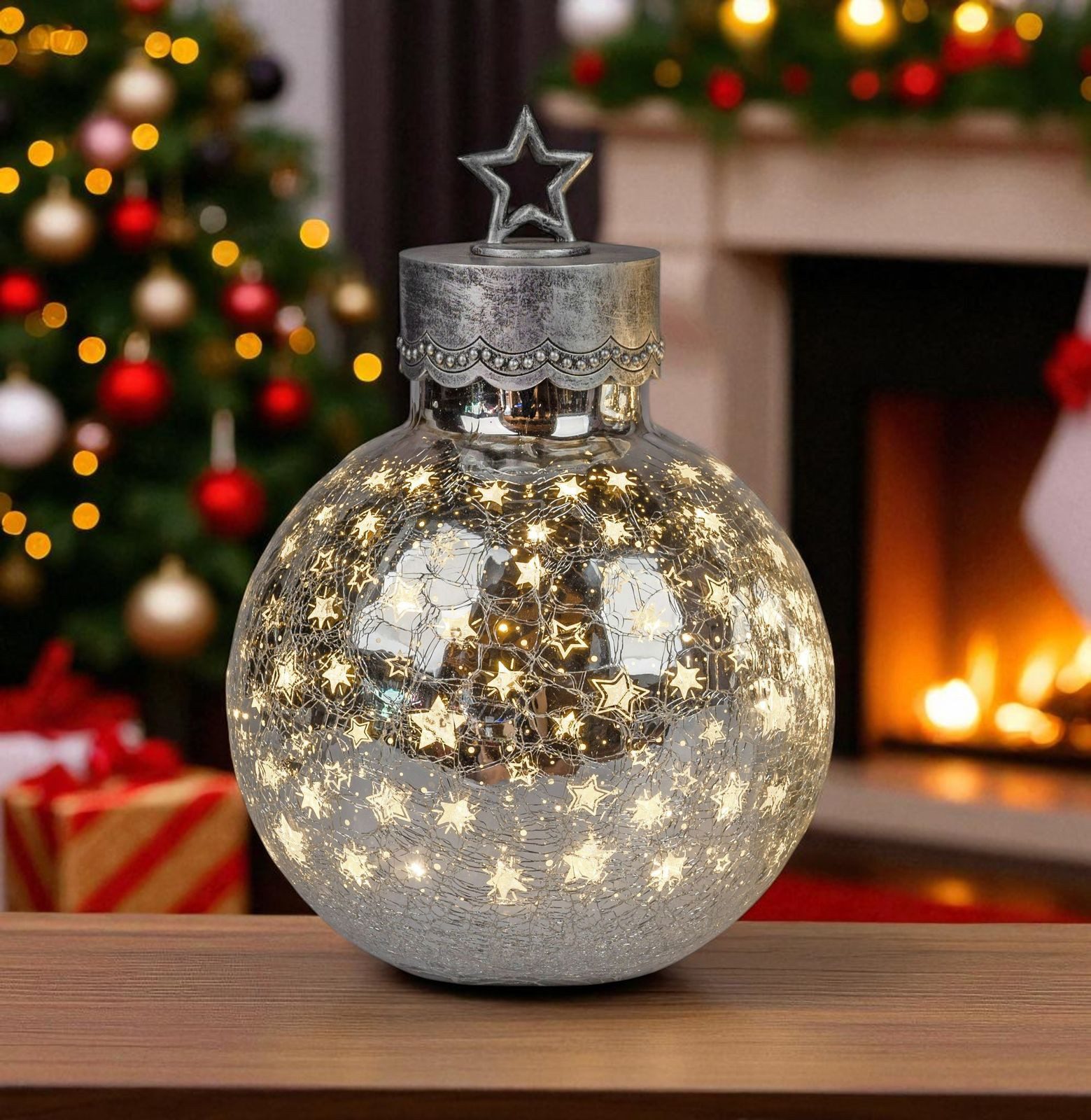 formano LED Dekolicht XL Glas-Kugel 30 cm Silber Sterne Timer 6h/18h Weihna günstig online kaufen