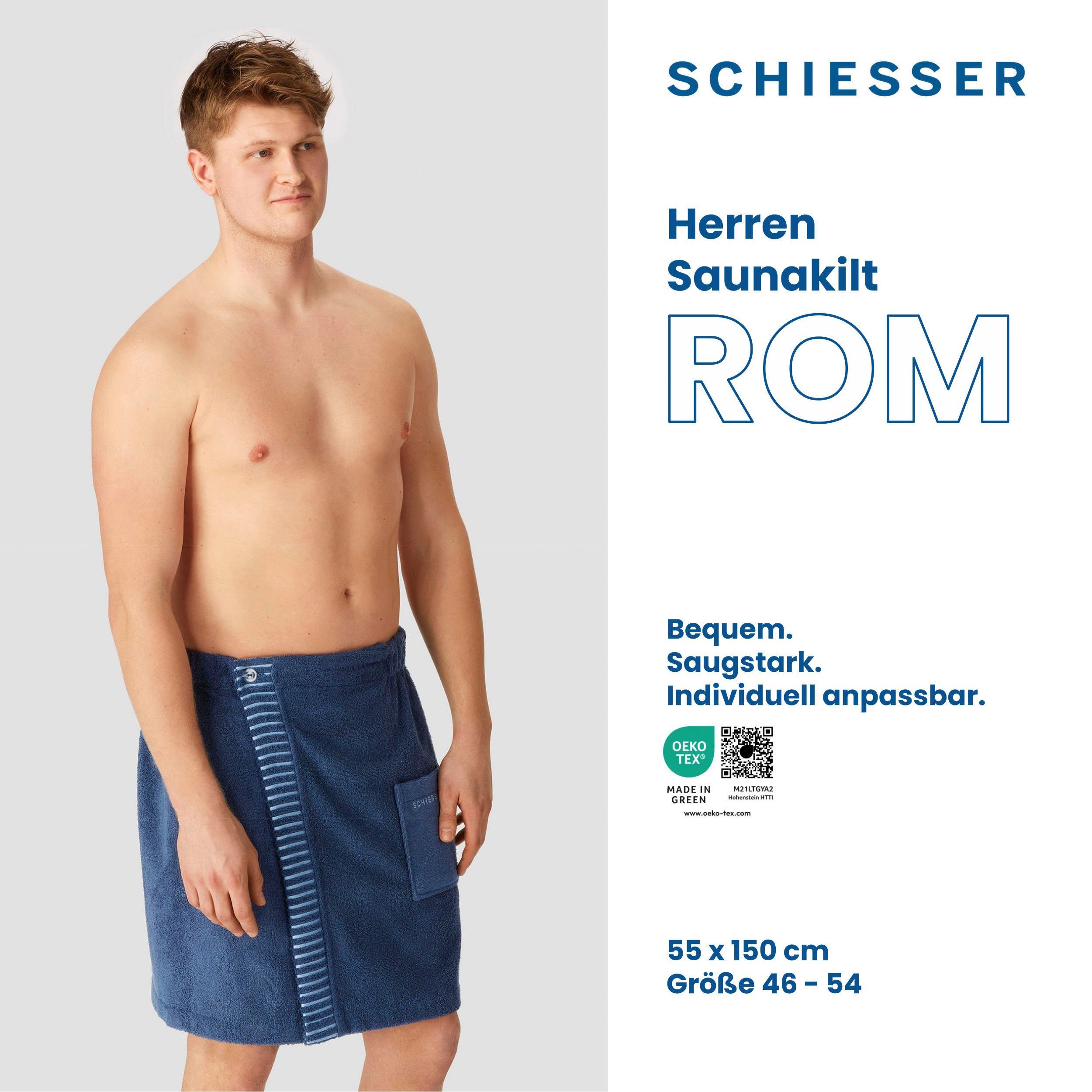 Schiesser Kilt Saunakilt Rom Kurzform, aus Frottier, Logostickerei saugstarkem Baumwoll-Frottier, und Knöpfe, für Dunkelblau Streifen-Akzent mit Herren