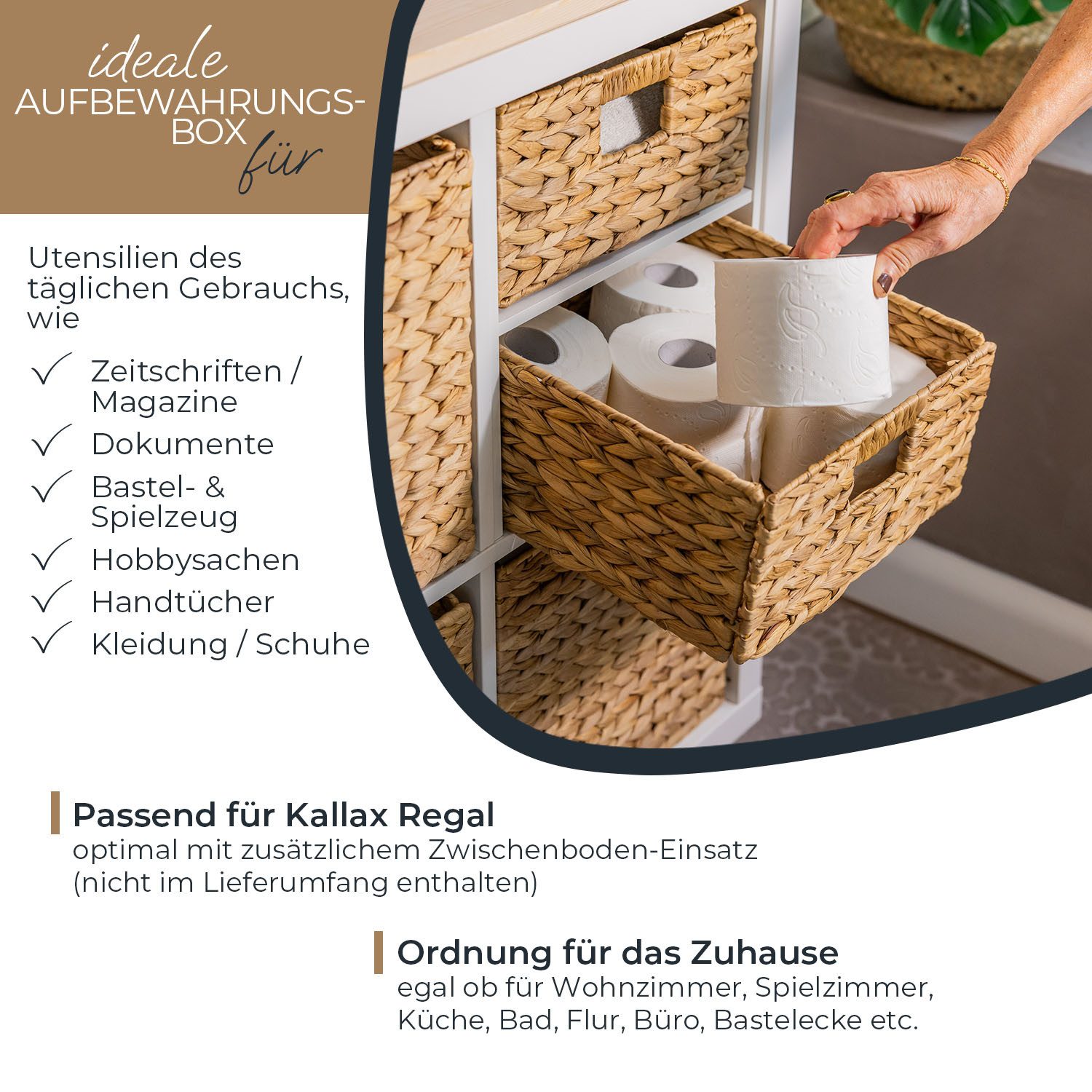 HMF Regalkorb 2er Set Aufbewahrungskorb passend für KALLAX halbes Fach, Korb geflochten aus Wasserhyazinthe mit Griffen, 30 x 34 x 15 cm Natur