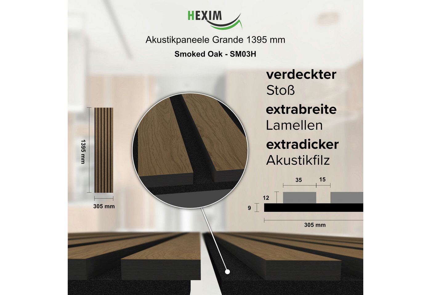 Thumbnail - Hexim Wandpaneel, (Akustikpaneele Holz 140x30cm Grande - 2er Set (0,844m) Holzpaneele 21mm Schalldämmung MDF Akustikfilz...
