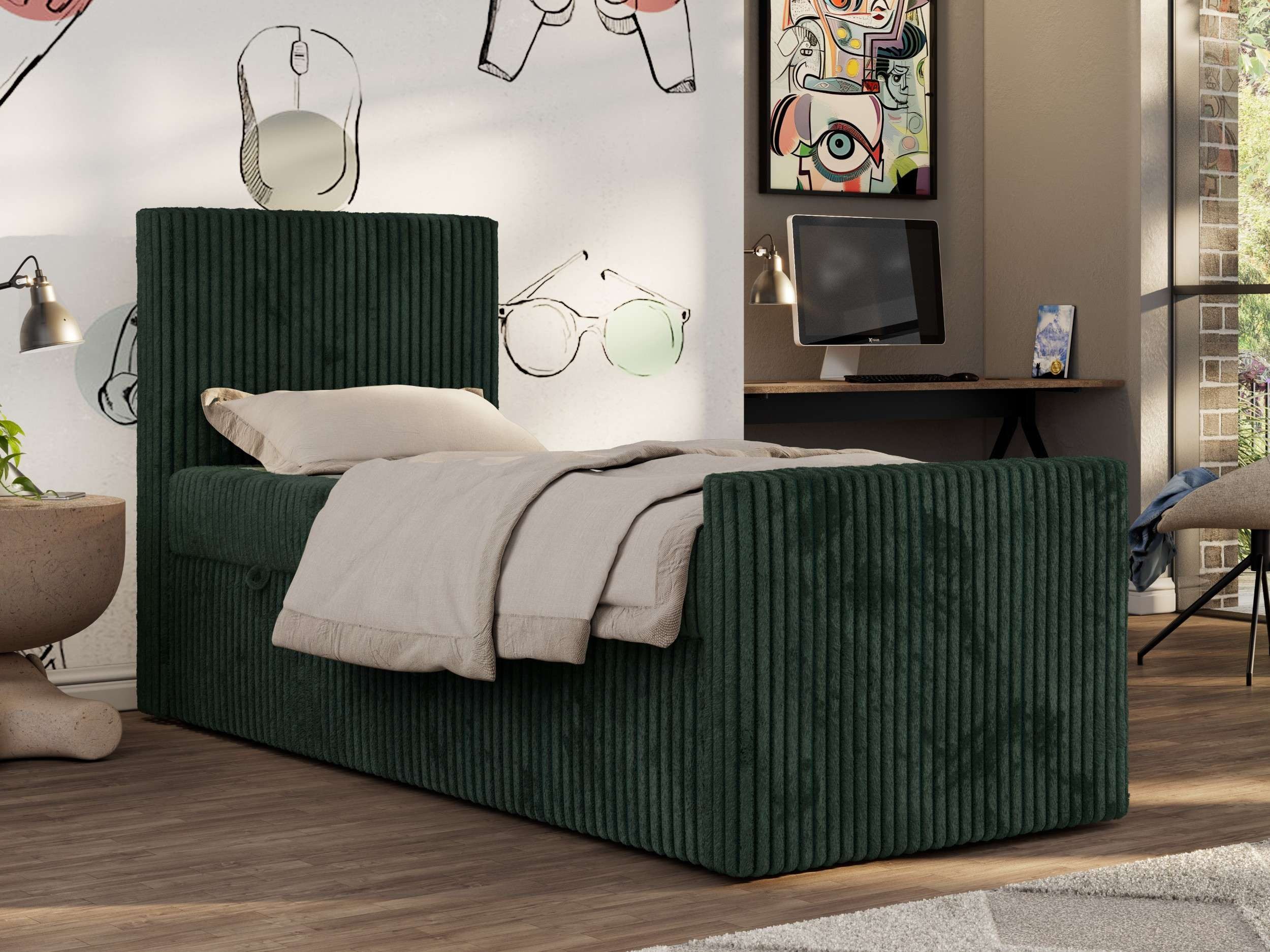 MKS MÖBEL Jugendbett TILIO DUO (Set, T30 Schaum, 7 Härtezonen, Multipocket Matratze), Einzelbett 90x200, hohe Kopfteil, Cordstoff, Bett mit Stauraum