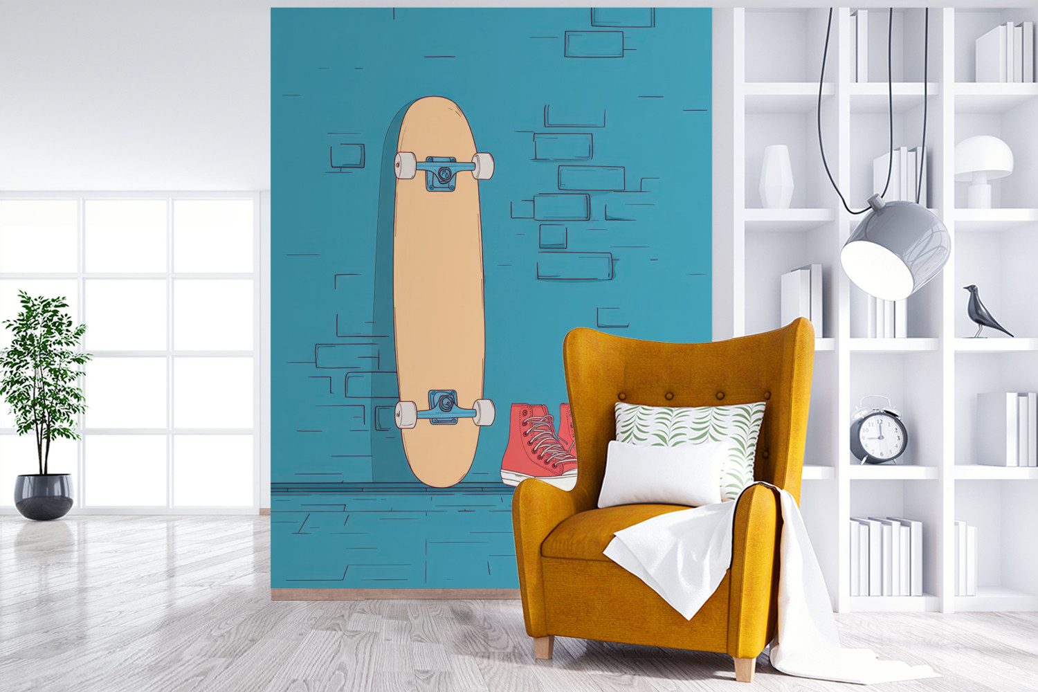 MuchoWow Fototapete Skateboard - Gymnastikschuhe - Rot - Minimalistisch, Matt, bedruckt, Wallpaper für Wohnzimmer, Schlafzimmer, Vinyl Tapete, 165x220 cm