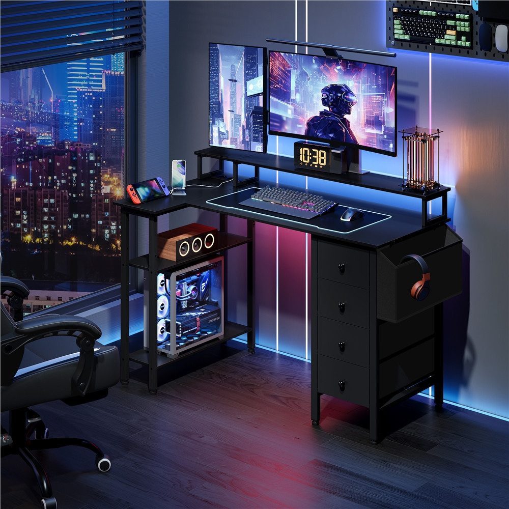 Yaheetech Computertisch L-förmiger Schreibtisch 120/140cm (B), mit Monitorhalterung & Steckdose & 4 Schubladen & Aufbewahrungstasche