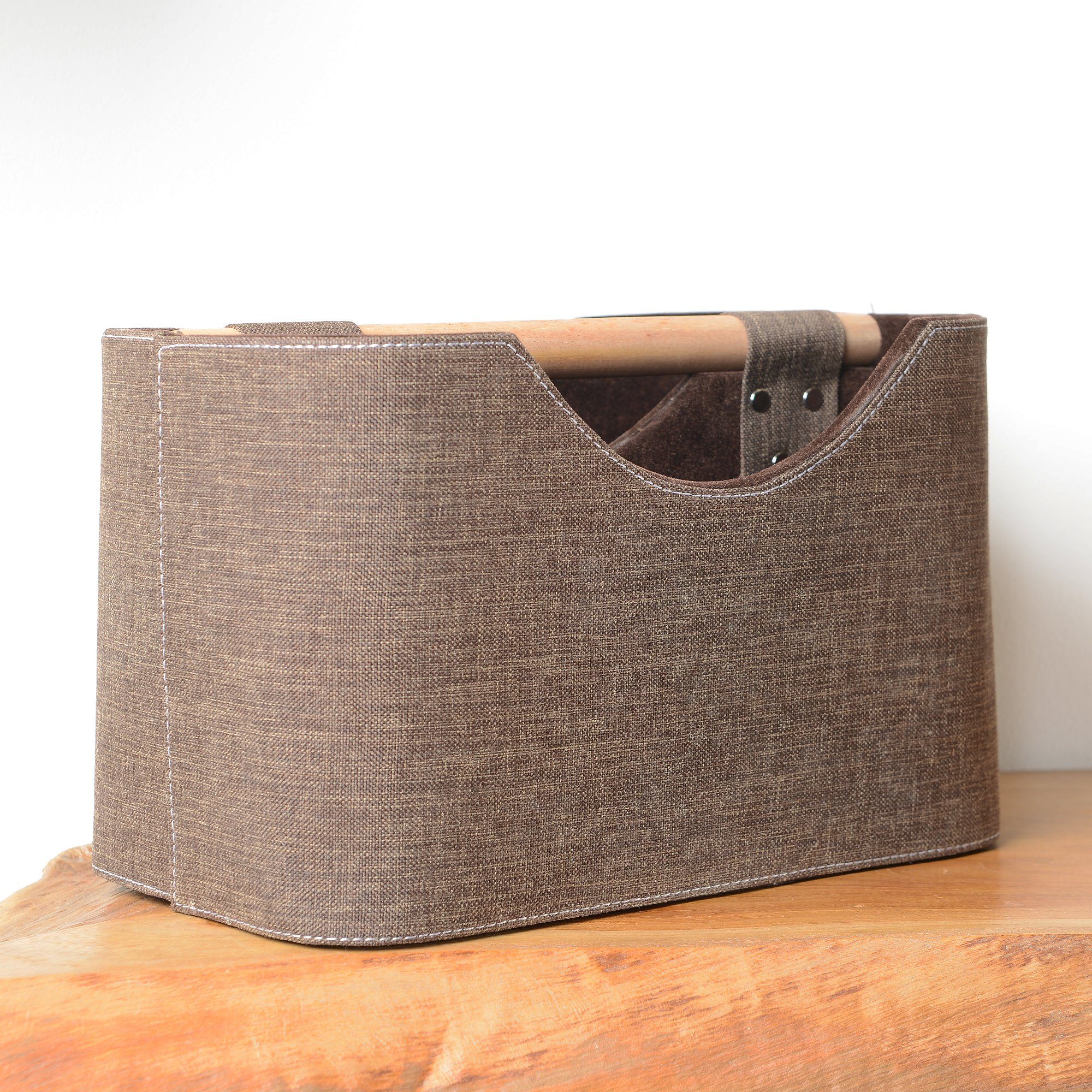 wohnfreuden Aufbewahrungsbox Zeitungsständer aus Stoff mit Teakholz 30 cm dunkelbraun – Bild 5 von 5