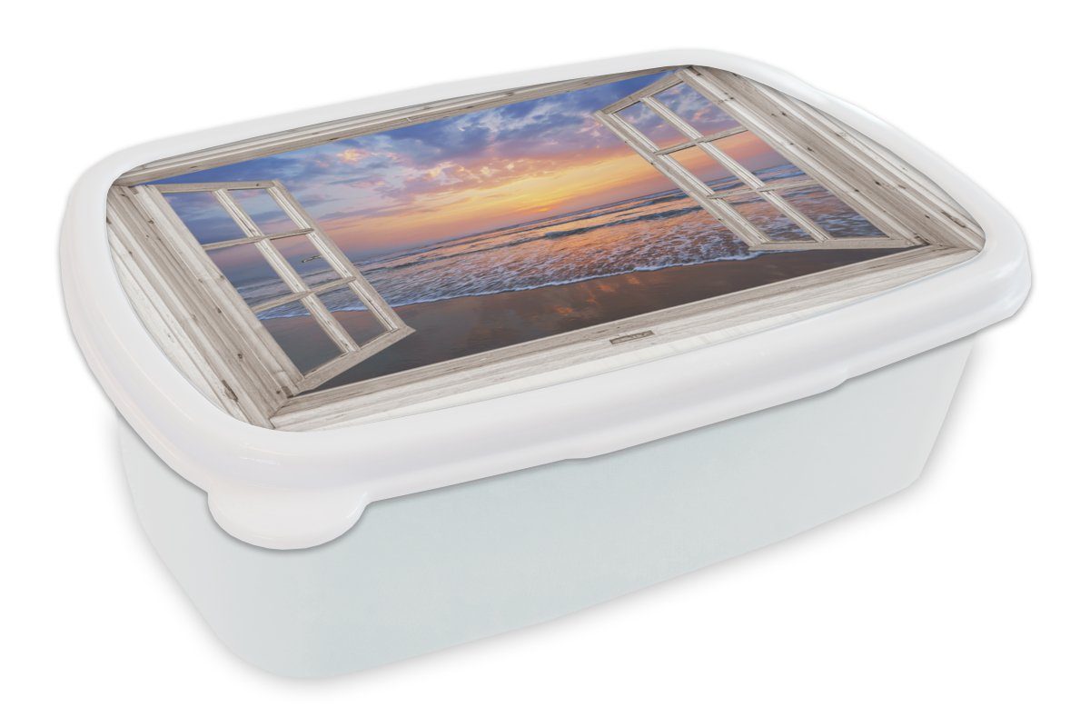 MuchoWow Lunchbox Aussicht - Meer - Strand - Sonnenuntergang - Blau, Kunststoff, (2-tlg), Brotbox für Kinder und Erwachsene, Brotdose, für Jungs und Mädchen weiß