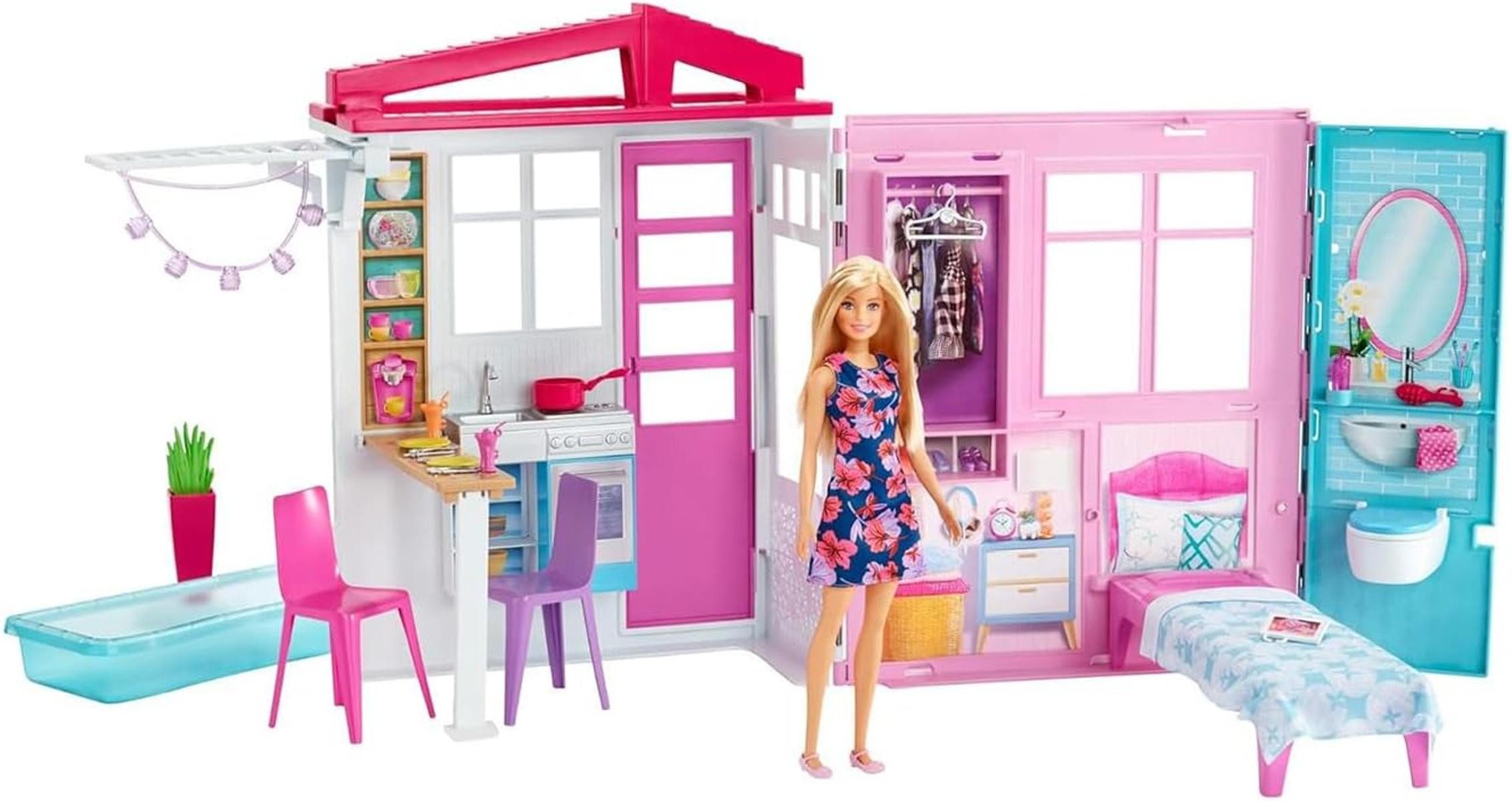 Barbie Puppenhaus Barbie-Haus mit Küche Schlafzimmer Badezimmer Puppe 3+ GW günstig online kaufen