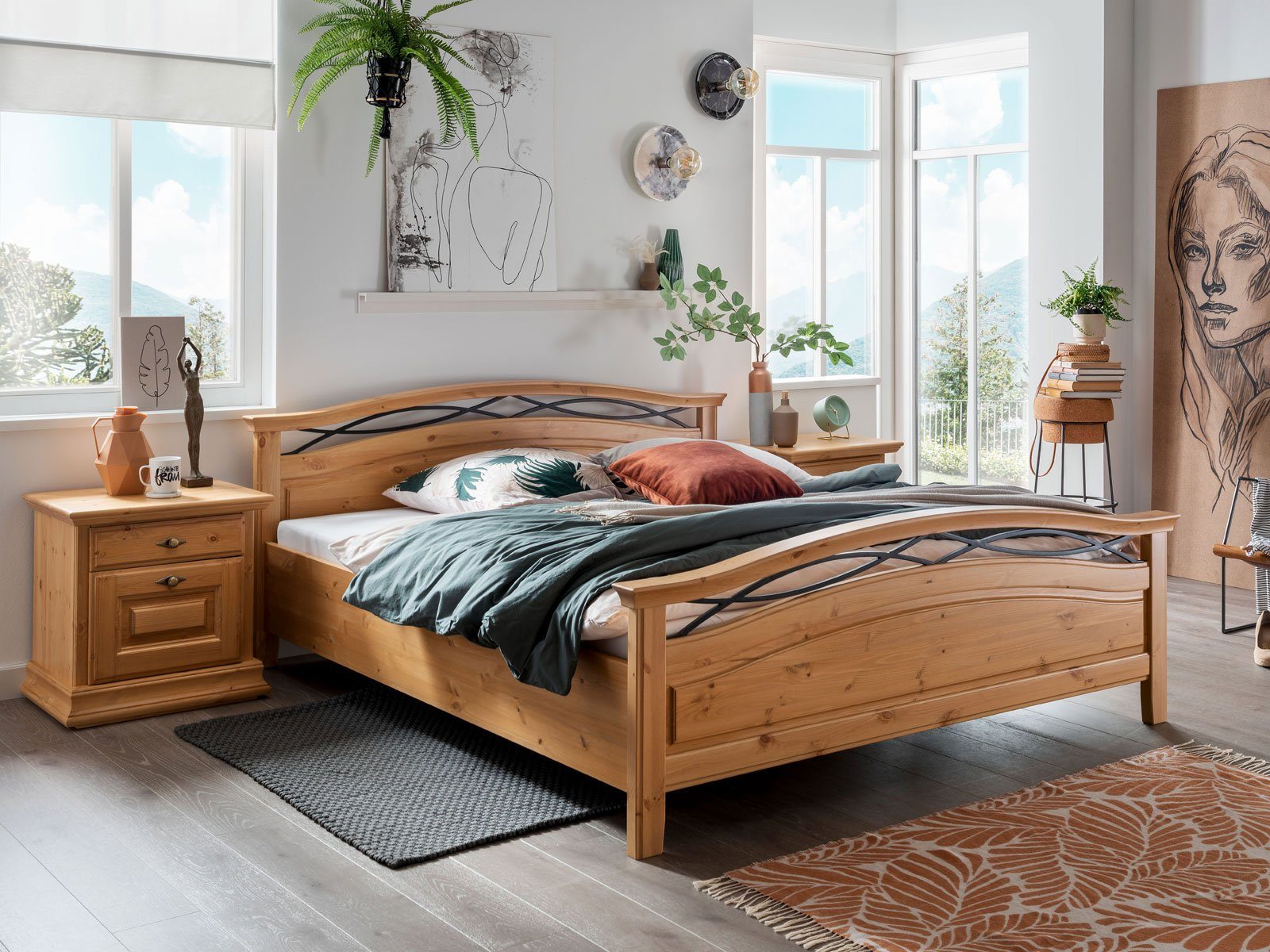 Casamia Massivholzbett Bett SET mit 2 Nachttischen 180 x 200 cm Doppelbett  Ehebett Nachtschränke Catania Holz massiv natur