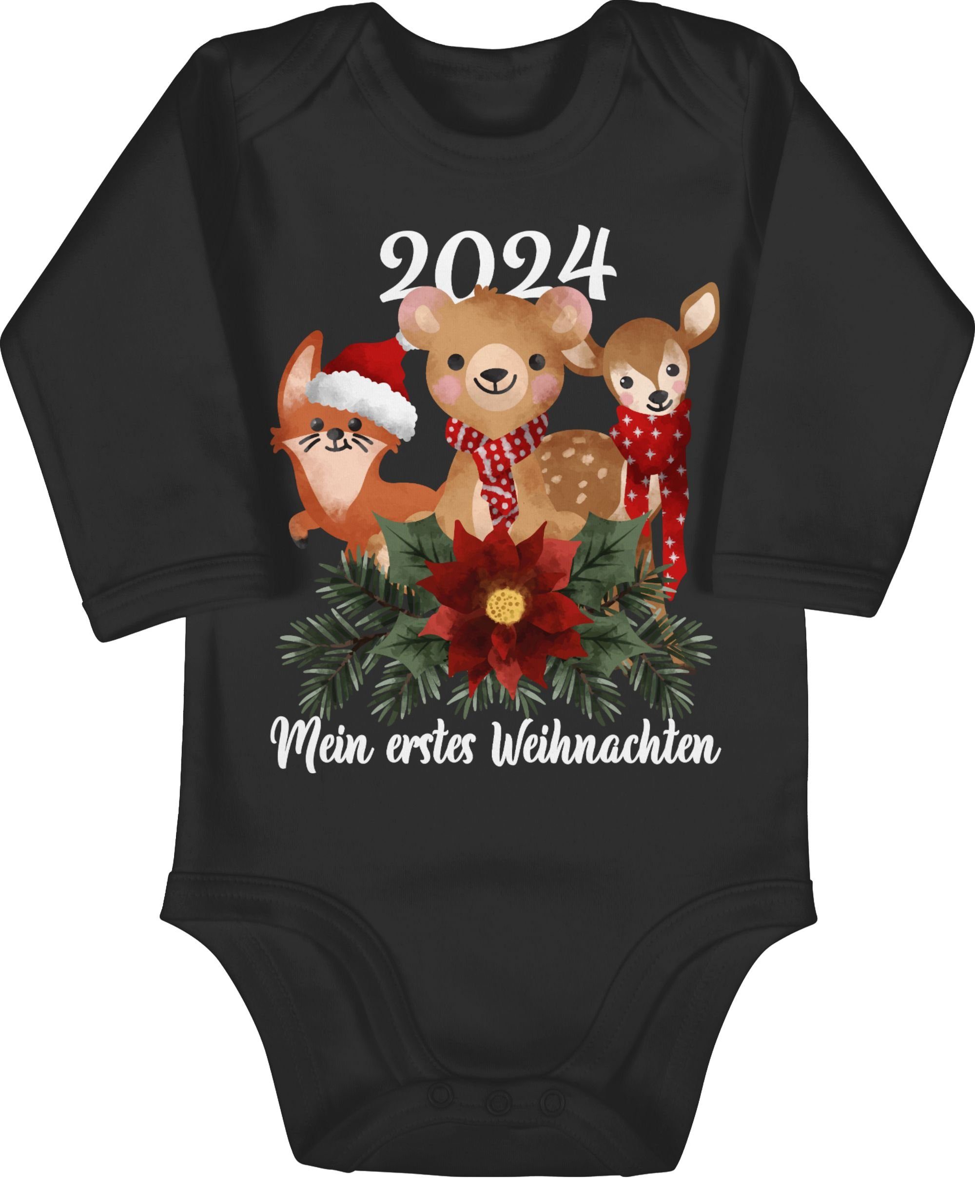 Shirtracer Shirtbody 2024 Mein erstes Weihnachten mit süßen Tieren - weiß Weihnachten Kleidung Baby