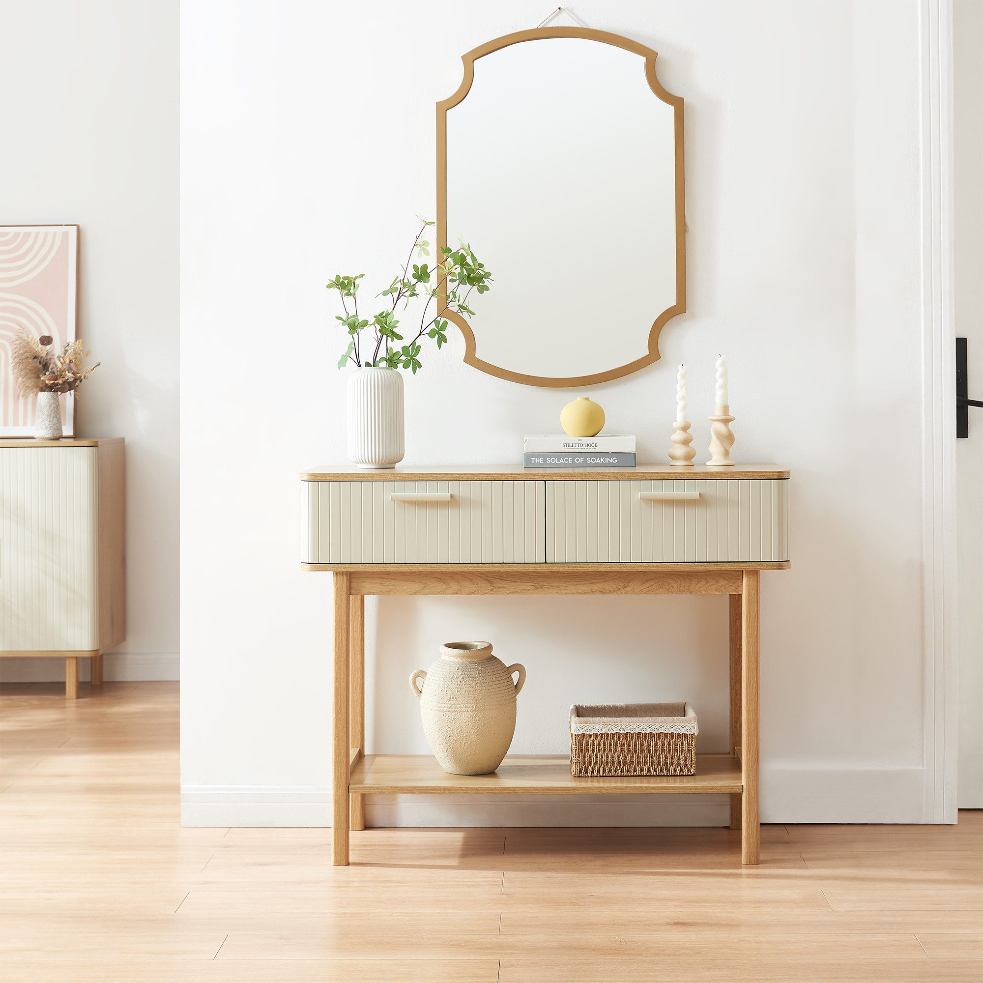 en.casa Konsolentisch, »Ferrersp« mit 2 Schubladen 100x40x80 cm Eicheoptik/Sandfarben
