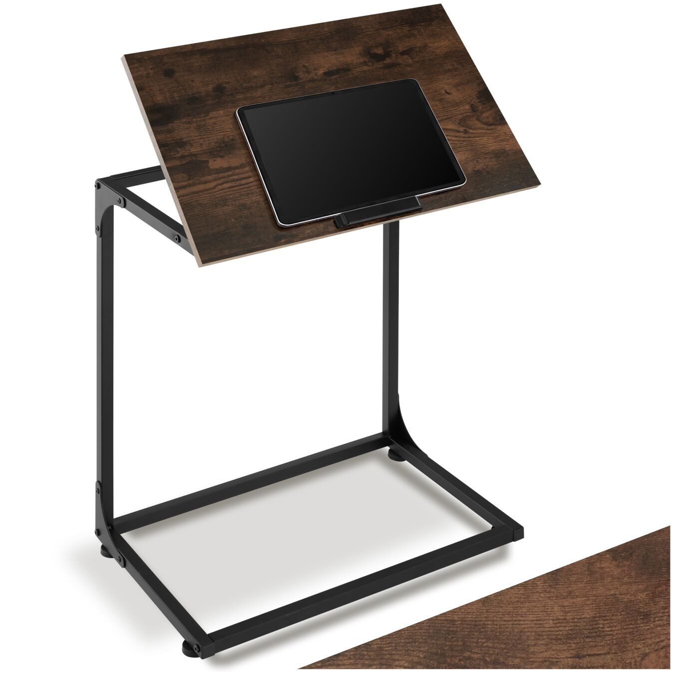 tectake Beistelltisch Ablagetisch, Holz & Stahl, in praktischer C-Form mit neigbarer (Sofatisch Ruston, 1-St., in Industrial Holz dunkel, rustikal), 55 x 35 x 66,5 cm, Industrial Style, höhenverstellbare Kunststofffüße