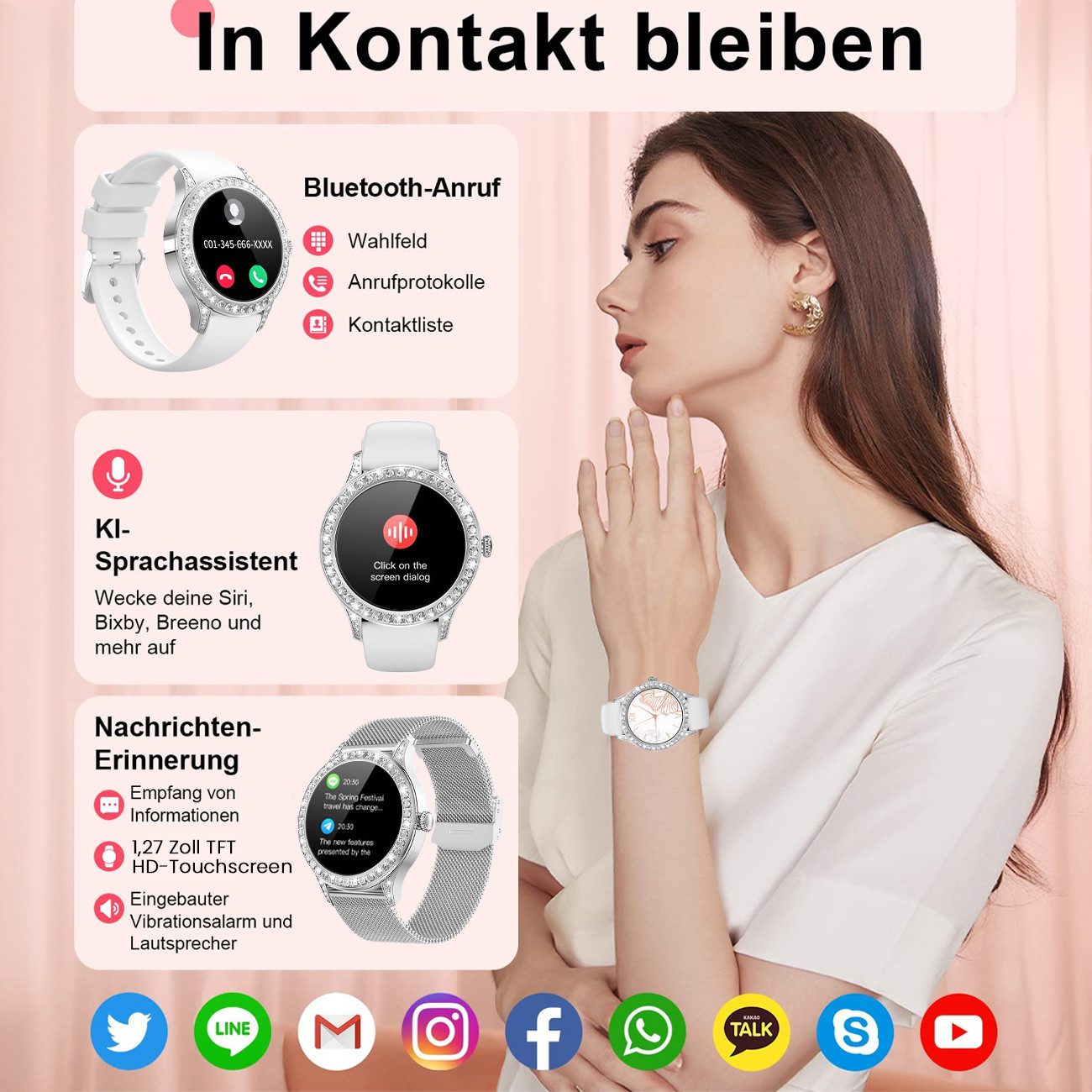 ANYSUN Smartwatch Damen mit Bluetooth-Anru/ mit 58 Diamanten Smartwatch (1,27 Zoll) Fitness Tracker Uhr für Damen Herren mit Schlafmonitor, IP68 Wasserdicht/120+ Sportmodi/Damen-Sportuhr für Android iOS