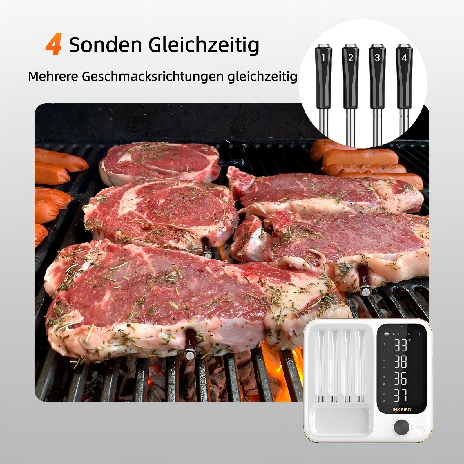 INKBIRD Grillthermometer Kabelloses Fleischthermometer für Ofen, Grill & Smoker, 3 Betriebsmodi, 4 kabellose Sonden, hohe Genauigkeit, IP67 wasserdicht – Bild 4 von 5