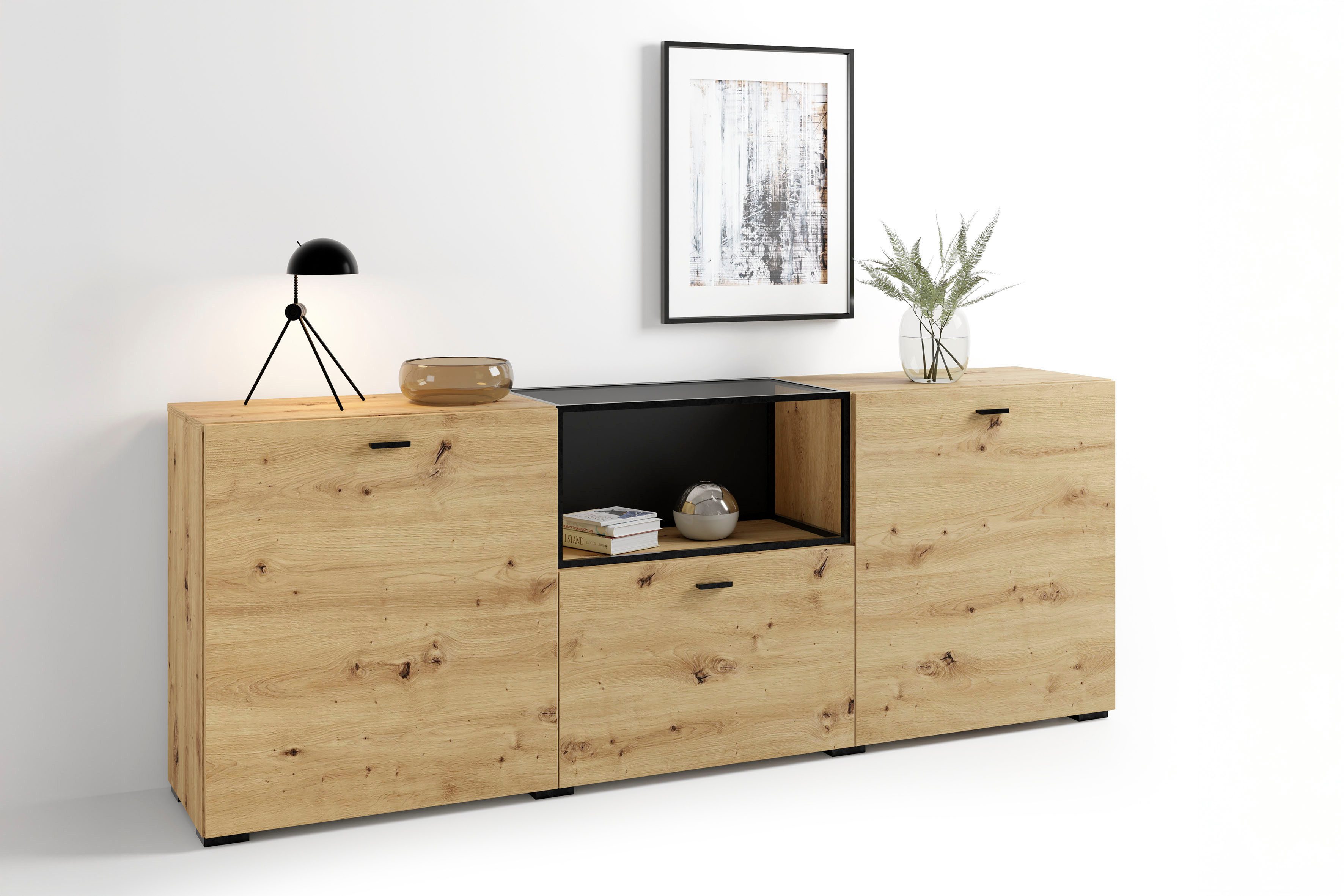 byLIVING Sideboard Frame (1 St), moderne Kommode mit Metalleinsatz und Glasplatte, 200cm breit.