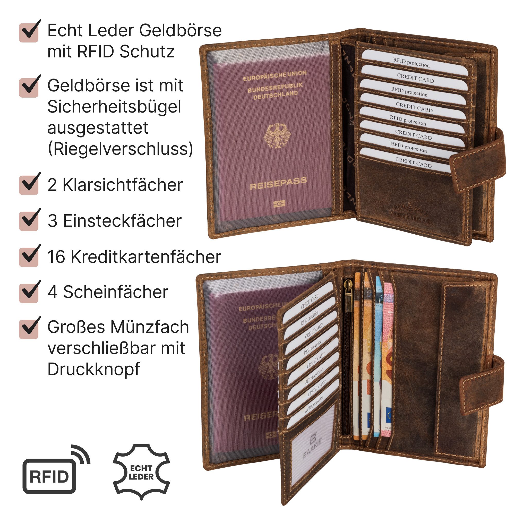 J.Jones Geldbörse Herren Leder Brieftasche RFID große Geldbörse Reisepass Geldbeutel, RFID Schutz – Bild 5 von 5