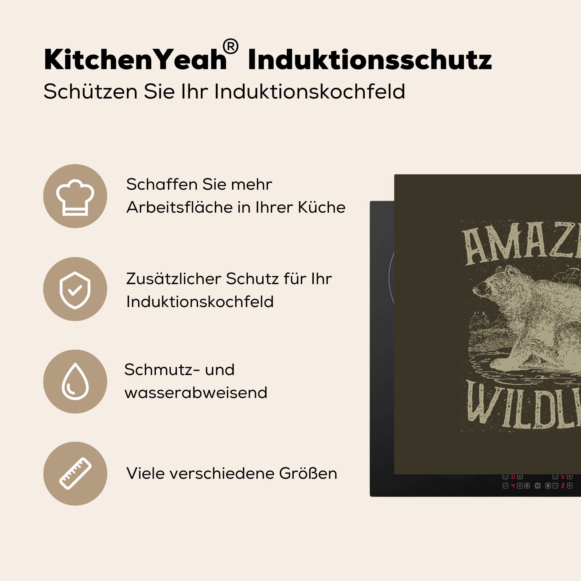 MuchoWow Herdblende-/Abdeckplatte Jahrgang - für Vinyl, Bär Ceranfeldabdeckung, küche - Natur, tlg), Arbeitsplatte cm, 78x78 (1