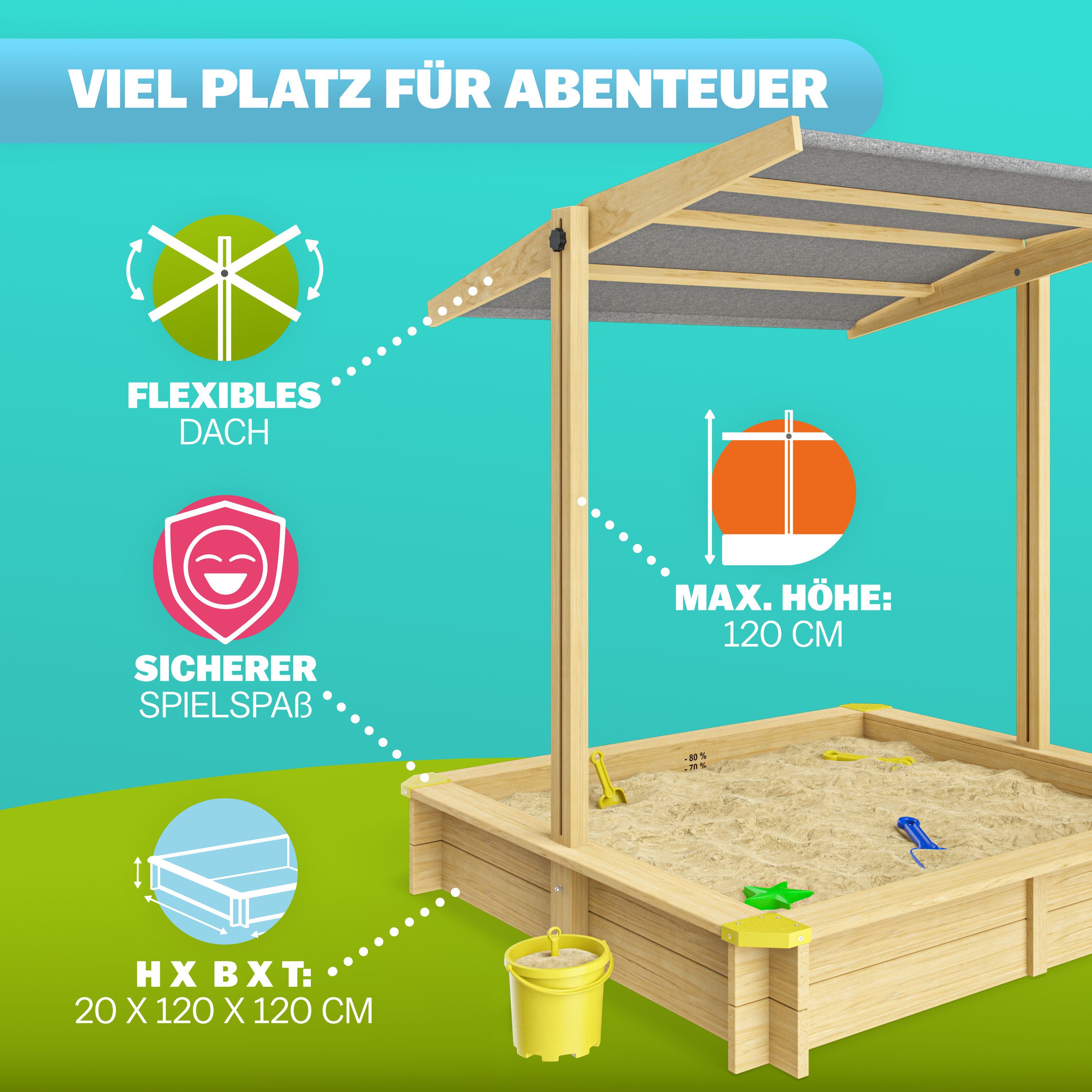 Spielwerk Sandkasten Samu, mit Dach 120x120cm Groß Naturbelassenes Holz Fül günstig online kaufen