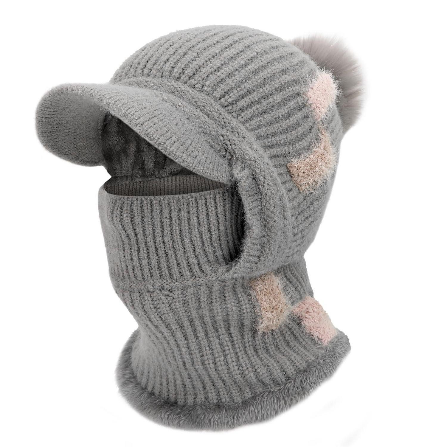 Sturmhaube Strickmütze Damen Thermo Fleece Halswärmer Sturmhaube 3in1 Schwarz