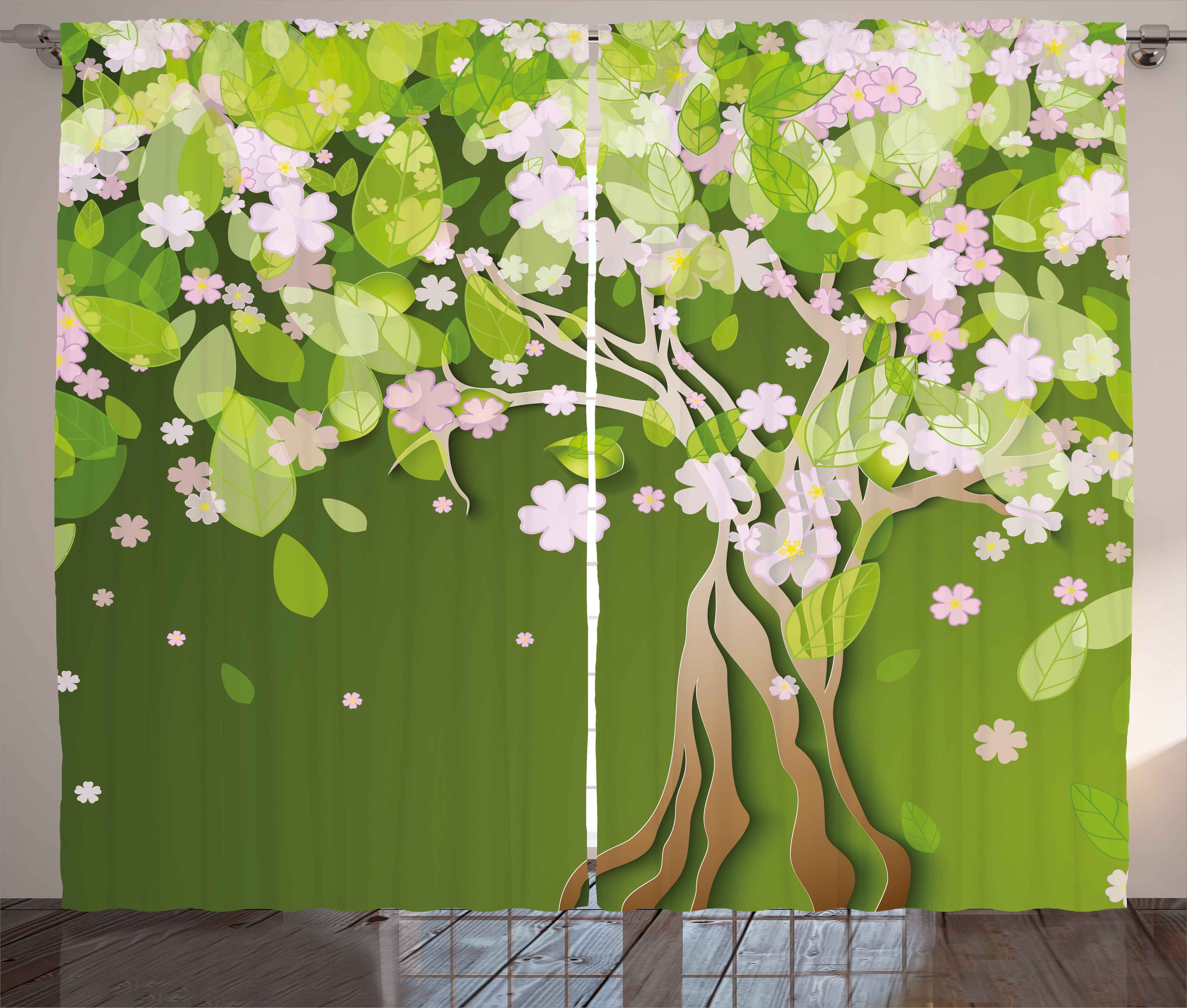 Gardine Schlafzimmer Kräuselband Vorhang mit Schlaufen und Haken, Abakuhaus, Baum Blühende Blütenblätter Röschen