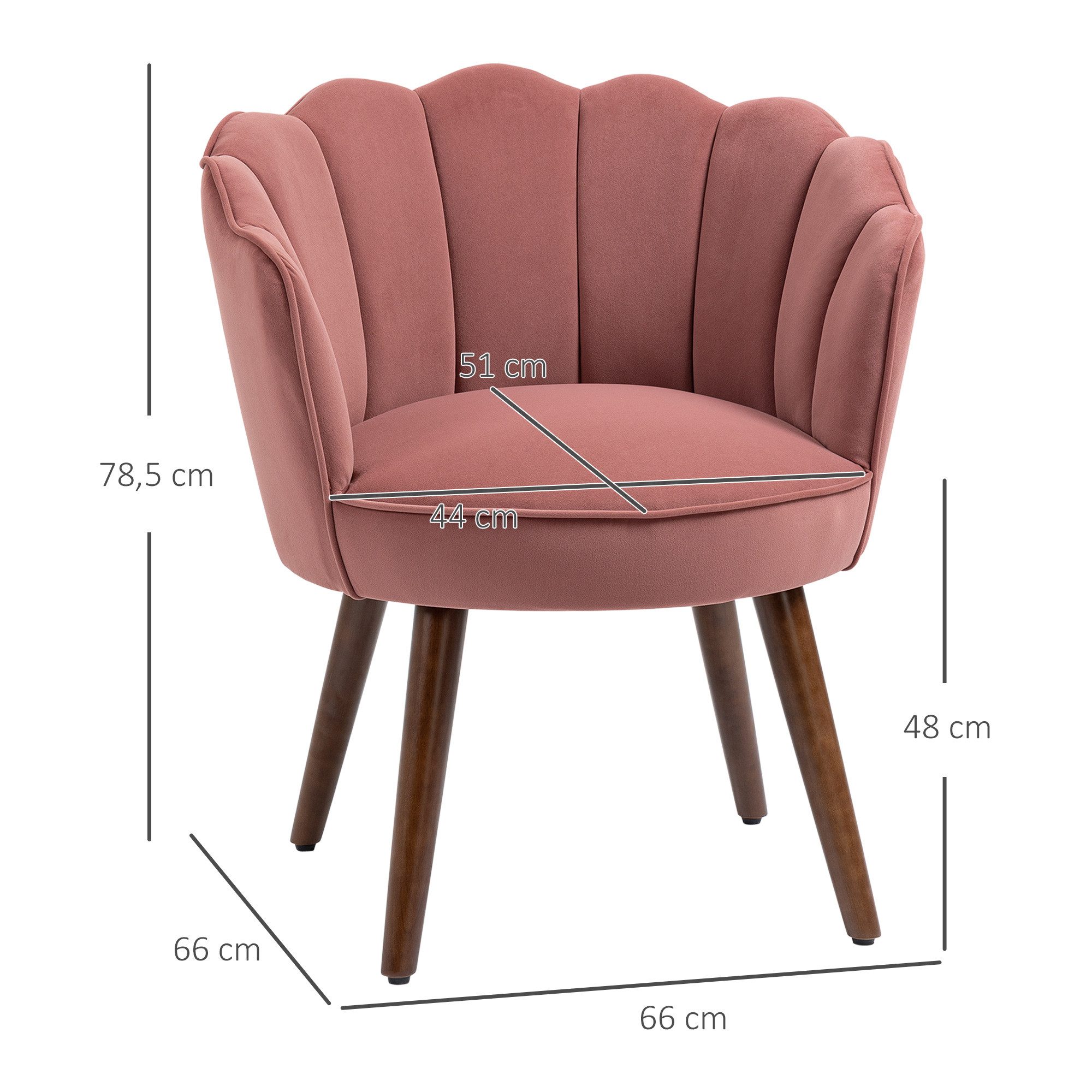 HOMCOM Barhocker Sessel Wohnzimmer in Muschelform mit Holzbeine (Wohnzimmerstuhl, 1 St., Esszimmerstuhl), Polyester Gummiholz Rosa 66 x 66 x 78,5 cm – Bild 3 von 5