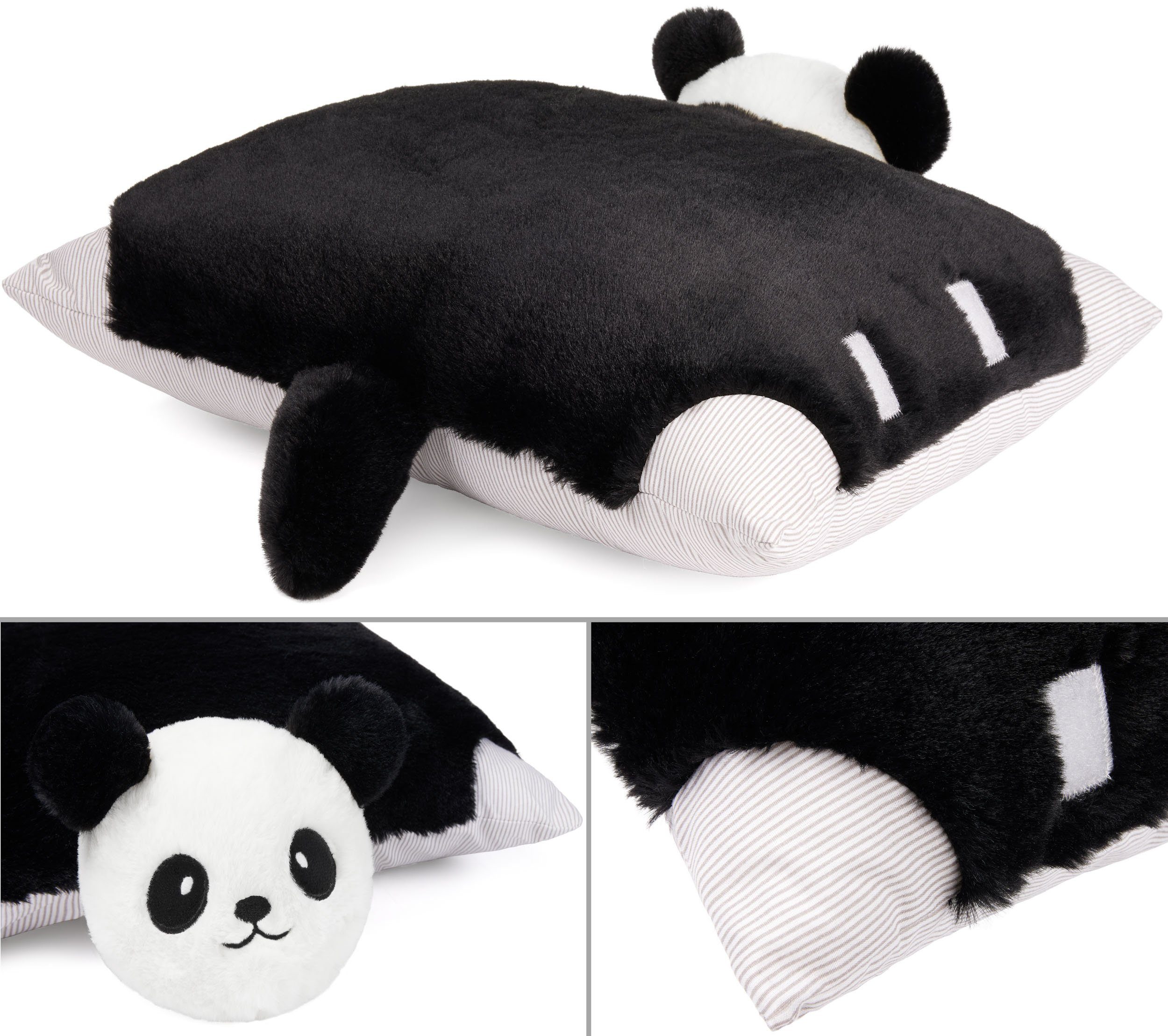 BRUBAKER Kuscheltier Kuscheltierkissen Panda - 2 in 1 Plüschtier und Kuschelkissen (Tierkissen Pandakissen Stofftier - Schwarz Weiß, 1-St., 40 x 30 cm, Pandabär), aufklappbares Kinder Plüschkissen mit Klettverschluss
