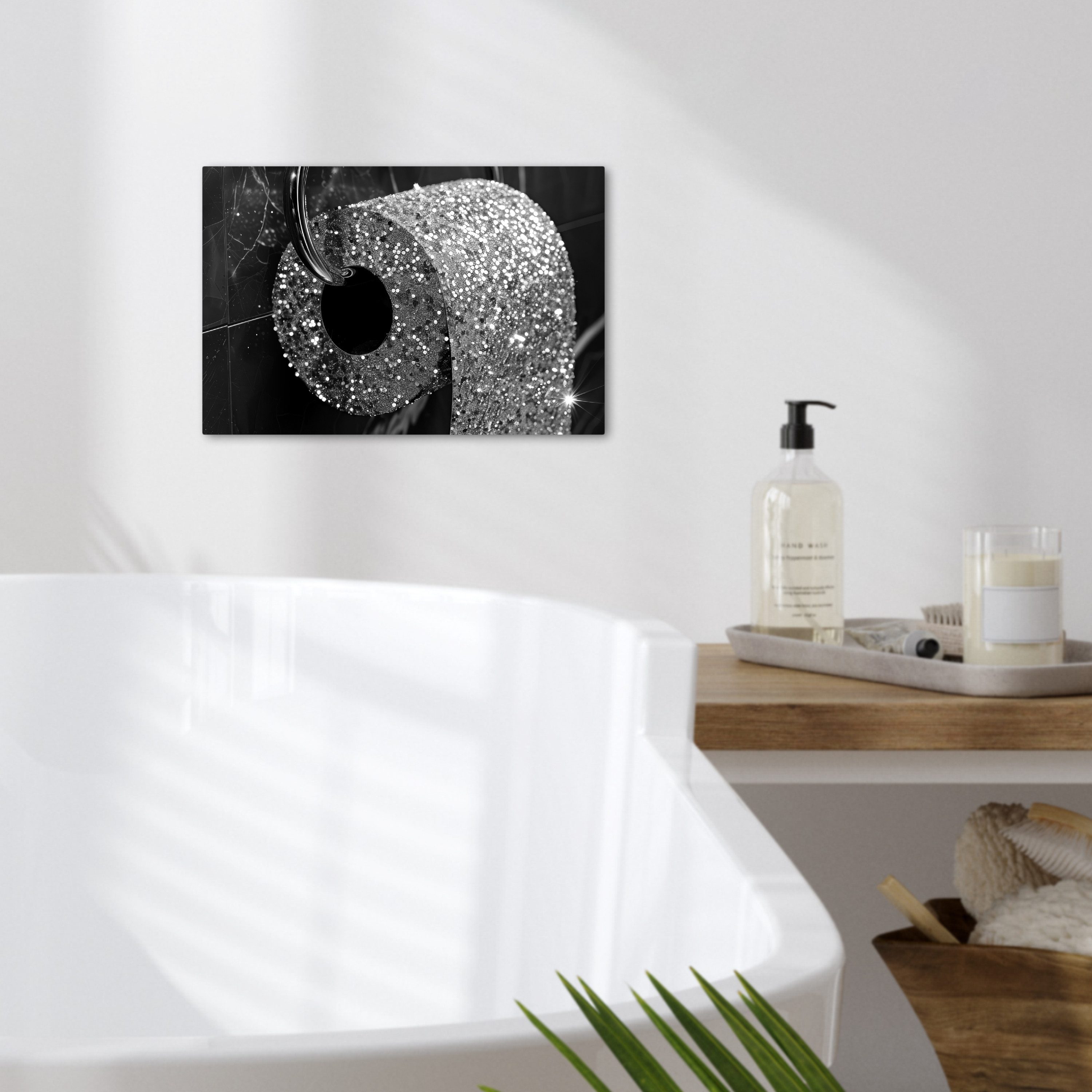 OneMillionCanvasses® Leinwandbild Toilette - Toilettenpapier - Schwarz und weiß - Glitzer, Fotodruck (1 St), Bilder für Badezimmer, Bad und Toiletten Deko, Bild WC 30x20 cm