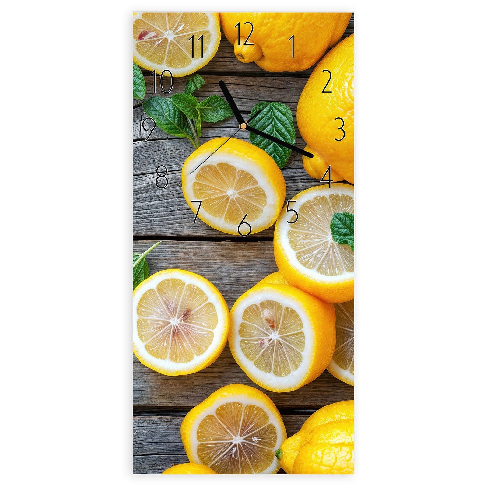 Wanduhr Glasuhr Wandkunst Größe 30 x 60 cm mit Motiv Lemon Fresh