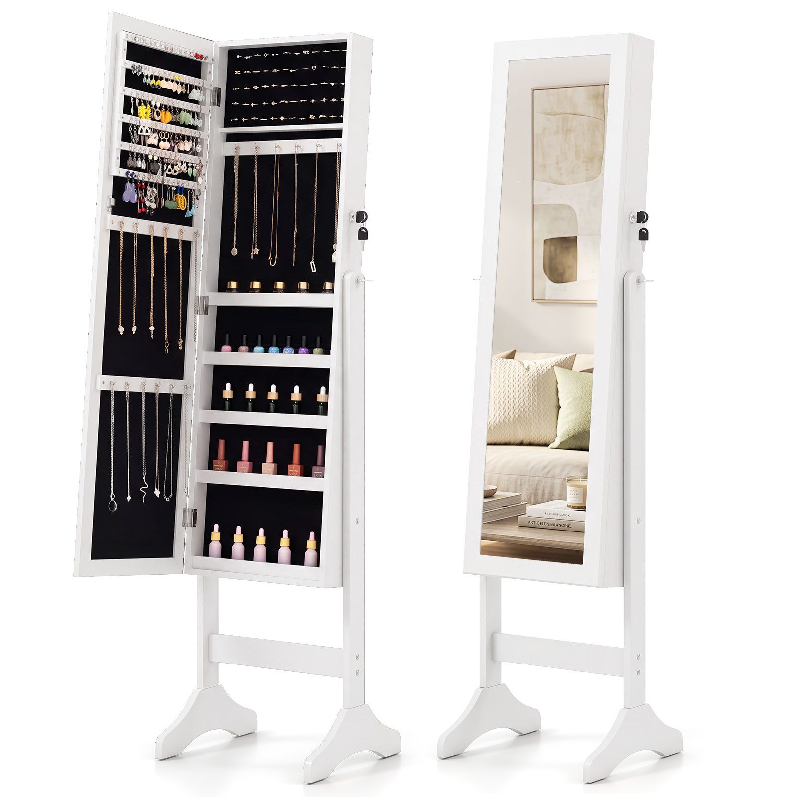 COSTWAY Schmuckschrank mit Spiegel abschließbar Spiegelschrank 40x36x156cm
