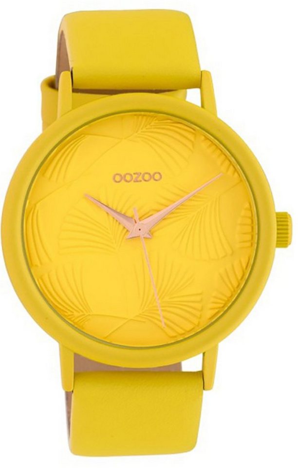 OOZOO Quarzuhr Oozoo Damen Armbanduhr gelb, Damenuhr rund, groß (ca. 42mm),  Lederarmband gelb, Fashion