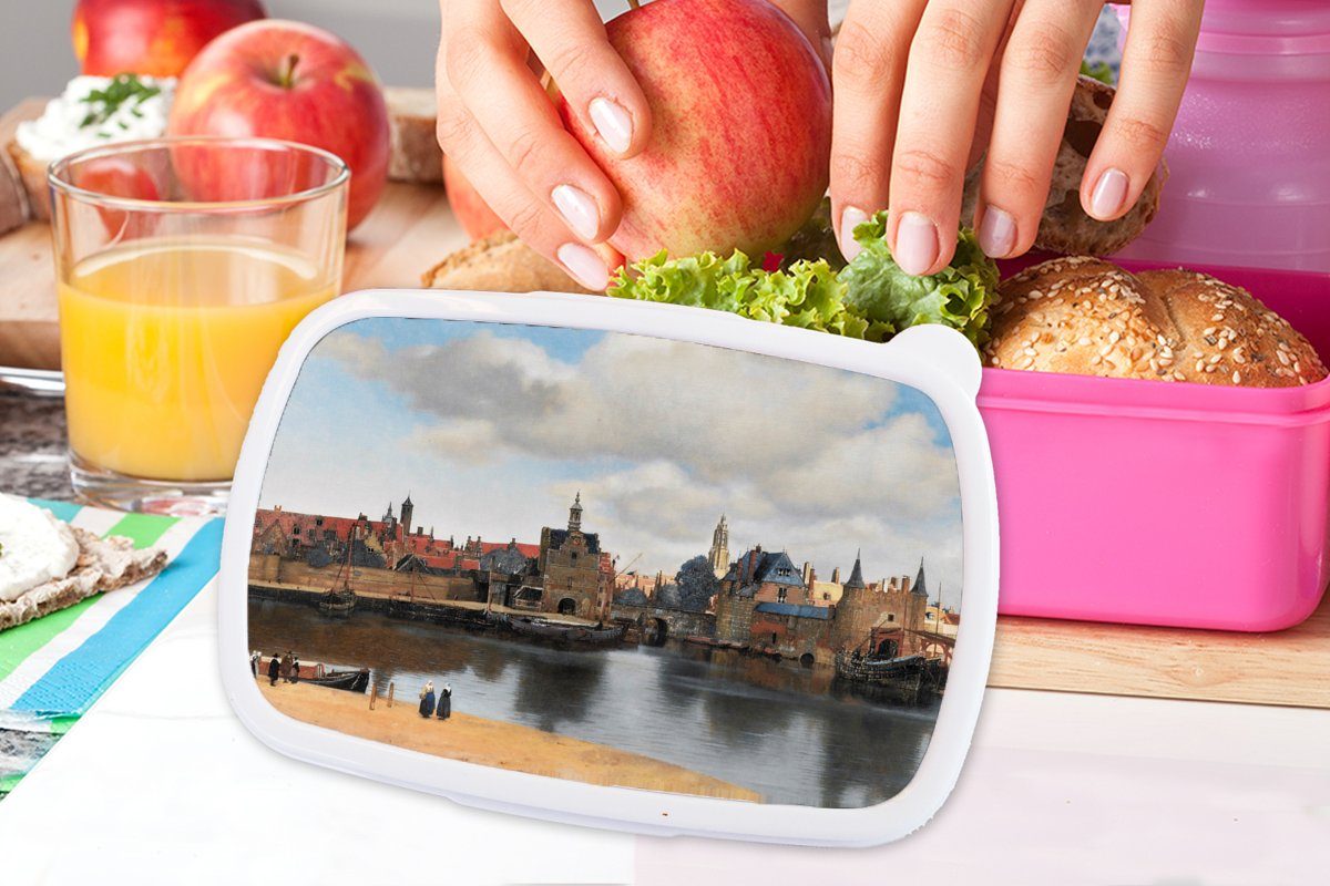 Lunchbox - - Brotdose Stadt Vermeer - Kinder, Snackbox, Kunst, MuchoWow für Mädchen, Meister Kunststoff Alte Erwachsene, Brotbox (2-tlg), Kunststoff, rosa