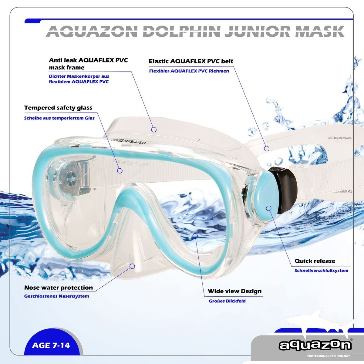 Tempered Schnorchelbrille Taucherbrille für AQUAZON Junior glas blau Jahre, Kinder 7-12 DOLPHIN,