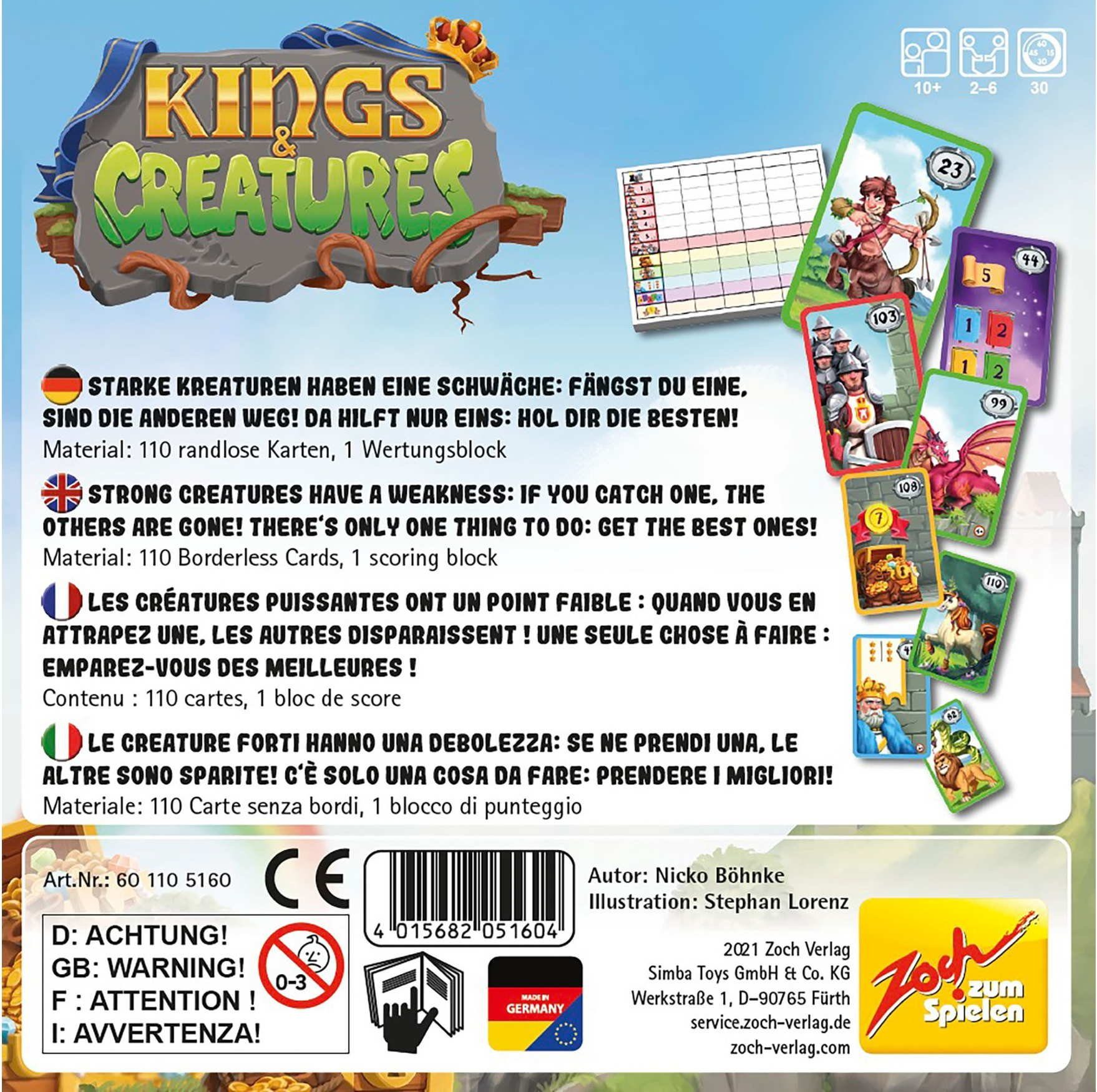 Zoch Spiel Kartenspiel Wettlaufspiel Kings & Creatures 601105160