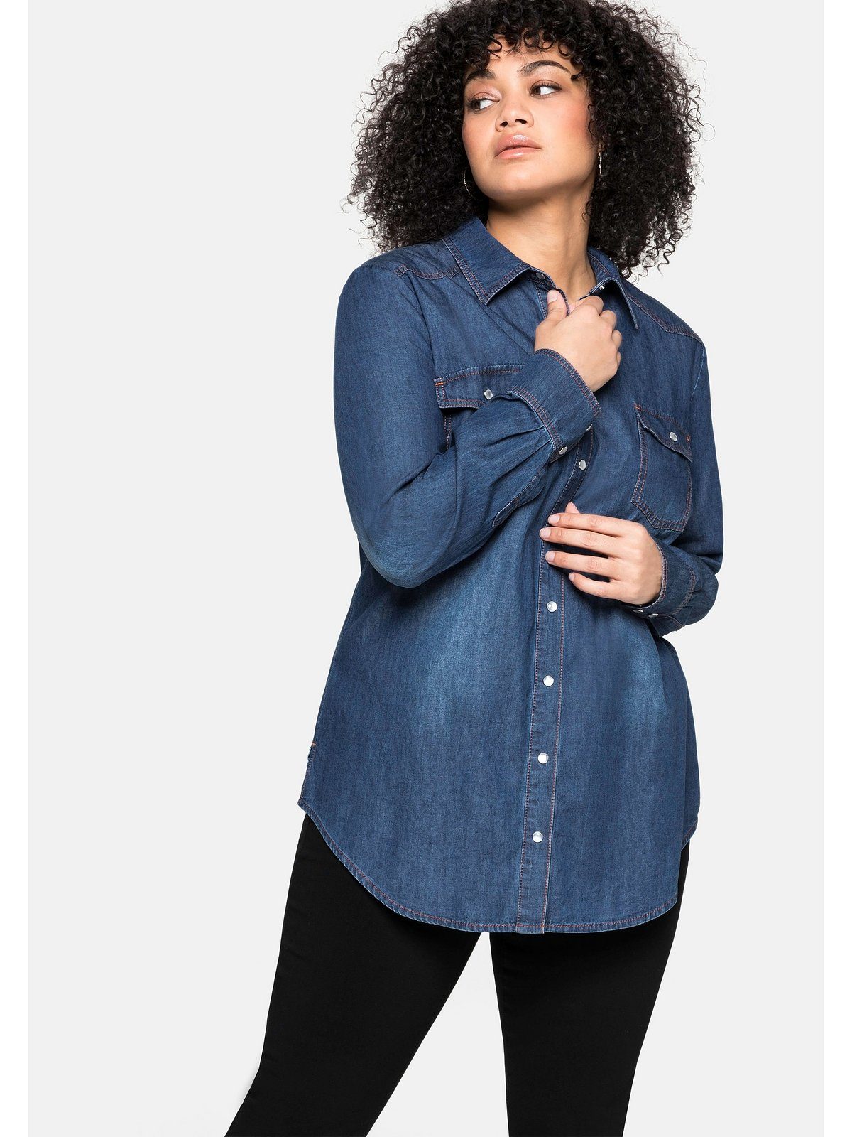 Knopfleiste Sheego Jeansbluse Größen mit Denim Brusttaschen blue und Große