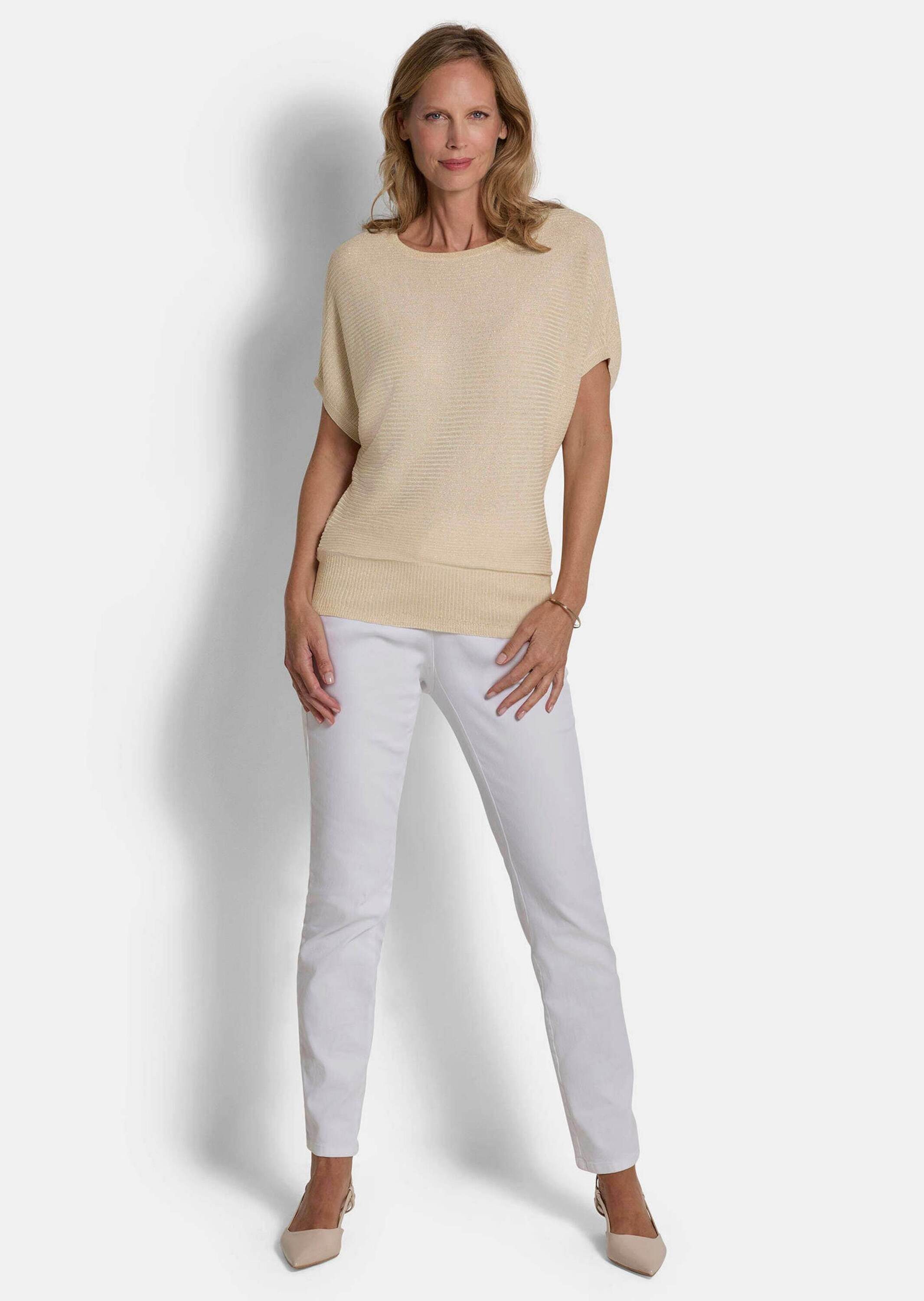 GOLDNER Strickpullover Viskosepullover mit Glanzeffekt Glanzpullover mit U-Boot-Ausschnitt, Rippenbündchen und Halbarm