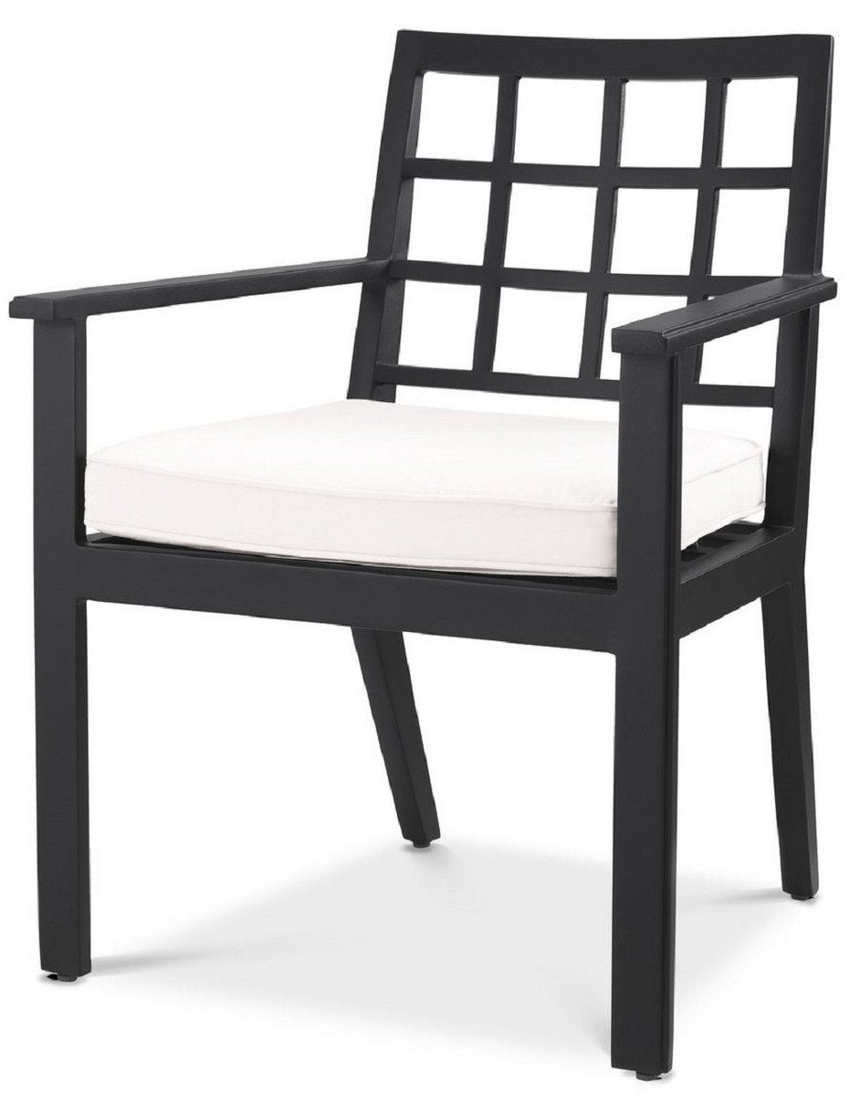Casa Padrino Esszimmerstuhl Luxus Esszimmerstuhl mit Armlehnen Schwarz / Weiß 64,5 x 65 x H. 88,5 cm - Wetterbeständiger Aluminium Stuhl mit Sitzkissen - Garten Terrassen Stuhl - Luxus Qualität