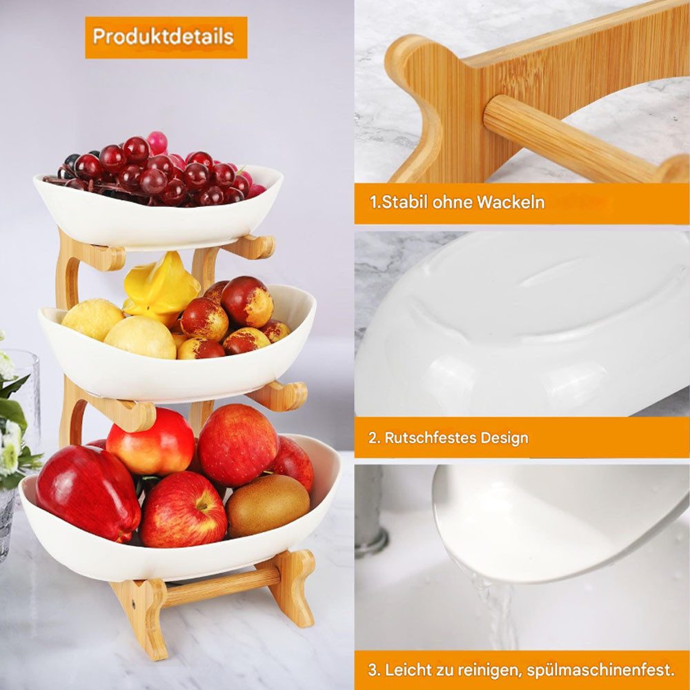 SURFOU Obstschale Obstkorb Etagere 3 Etagen aus Holz – Keramikteller für Obst und Snacks, Keramik, Bambusholz, (Weiß Keramik Etagere 3 Etagen, Obst Etagere 3 Stöckig, mit Natürlichem Bambus Ständer Servierteller für Gemüse, Obst, Snacks, 1-tlg), Spülmaschinenfest, Dekoschale für Küche und Arbeitsplatte