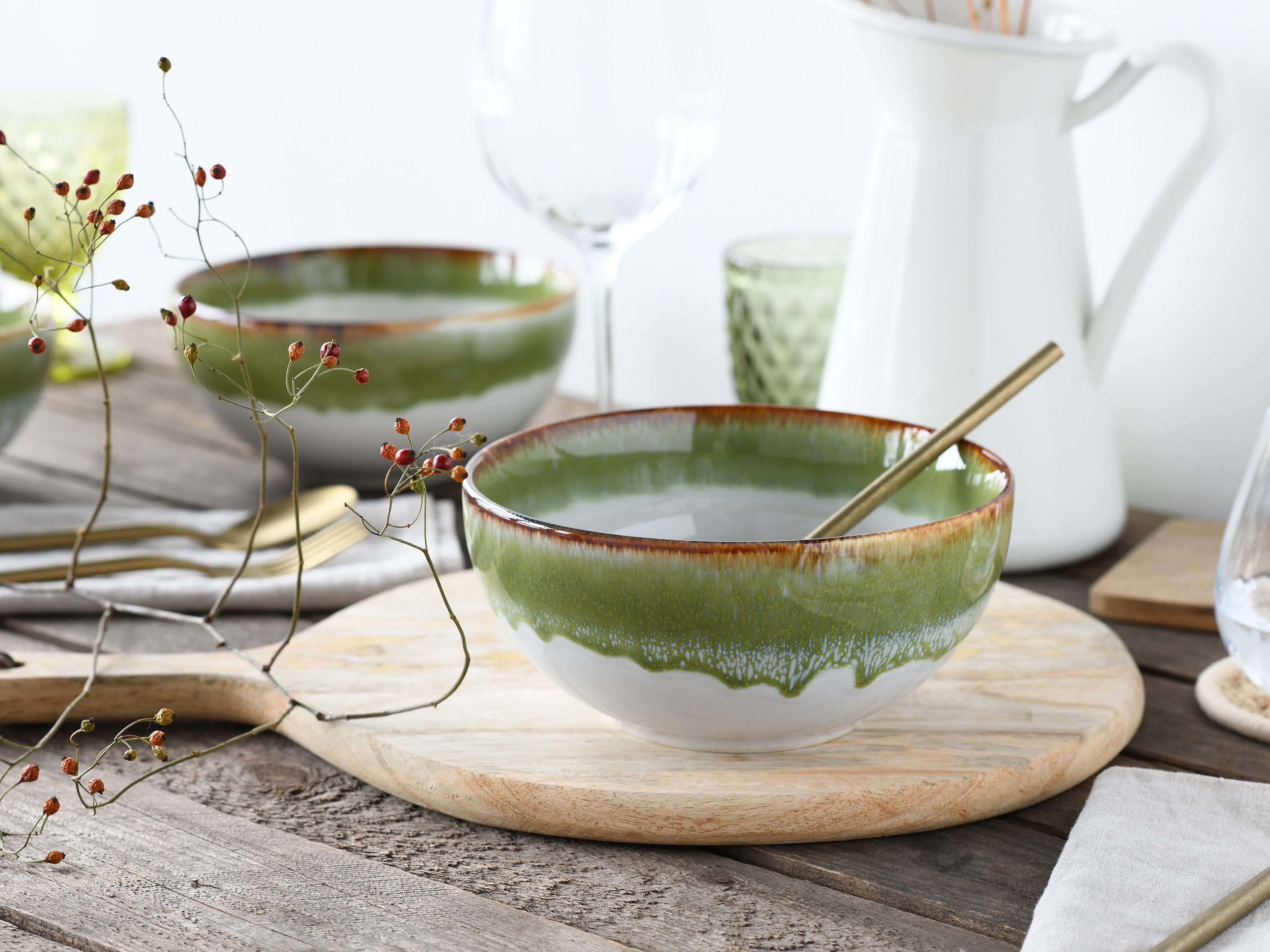 CreaTable Schale Cascade, Buddha Bowl 17,5 cm 4-tlg, Steinzeug, (Set, 4-tlg), Rekativglasur, Healthy Food