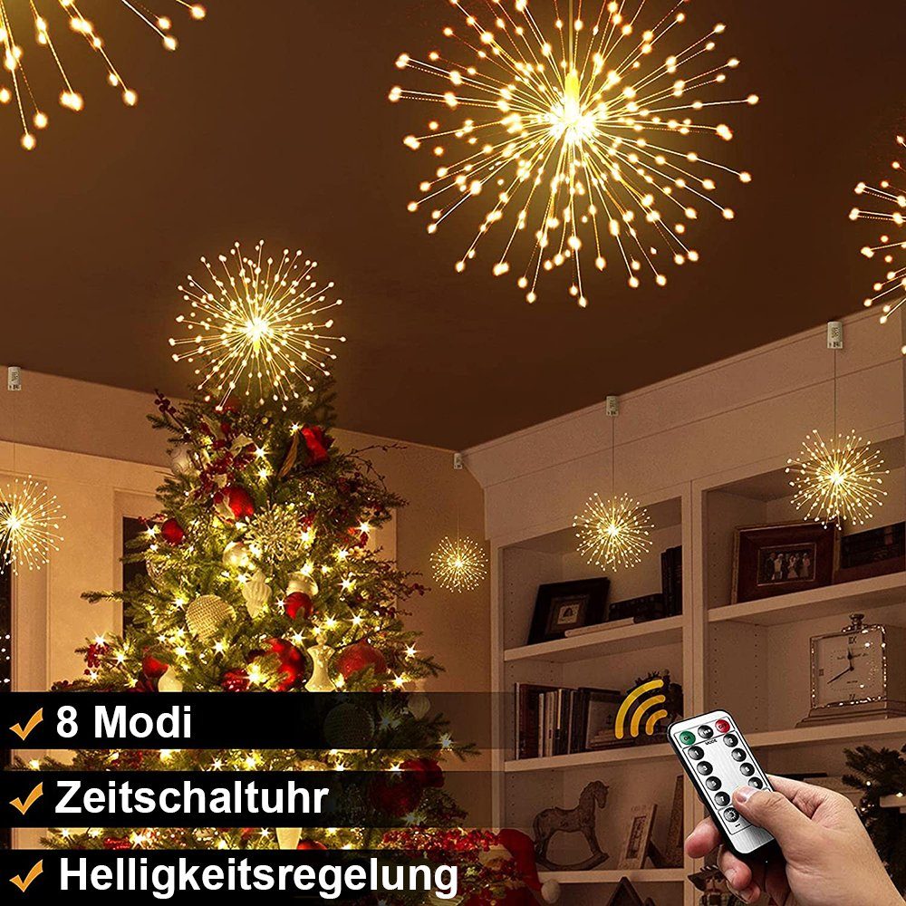 Hängende Feuerwerk Wasserdicht Warmes für Fernbedienung, mit Sunicol Party Weiß Batterie, Lichter,8 Modi, LED-Lichterkette 200 LED Starburst, Außen Innen Weihnachtsdeko